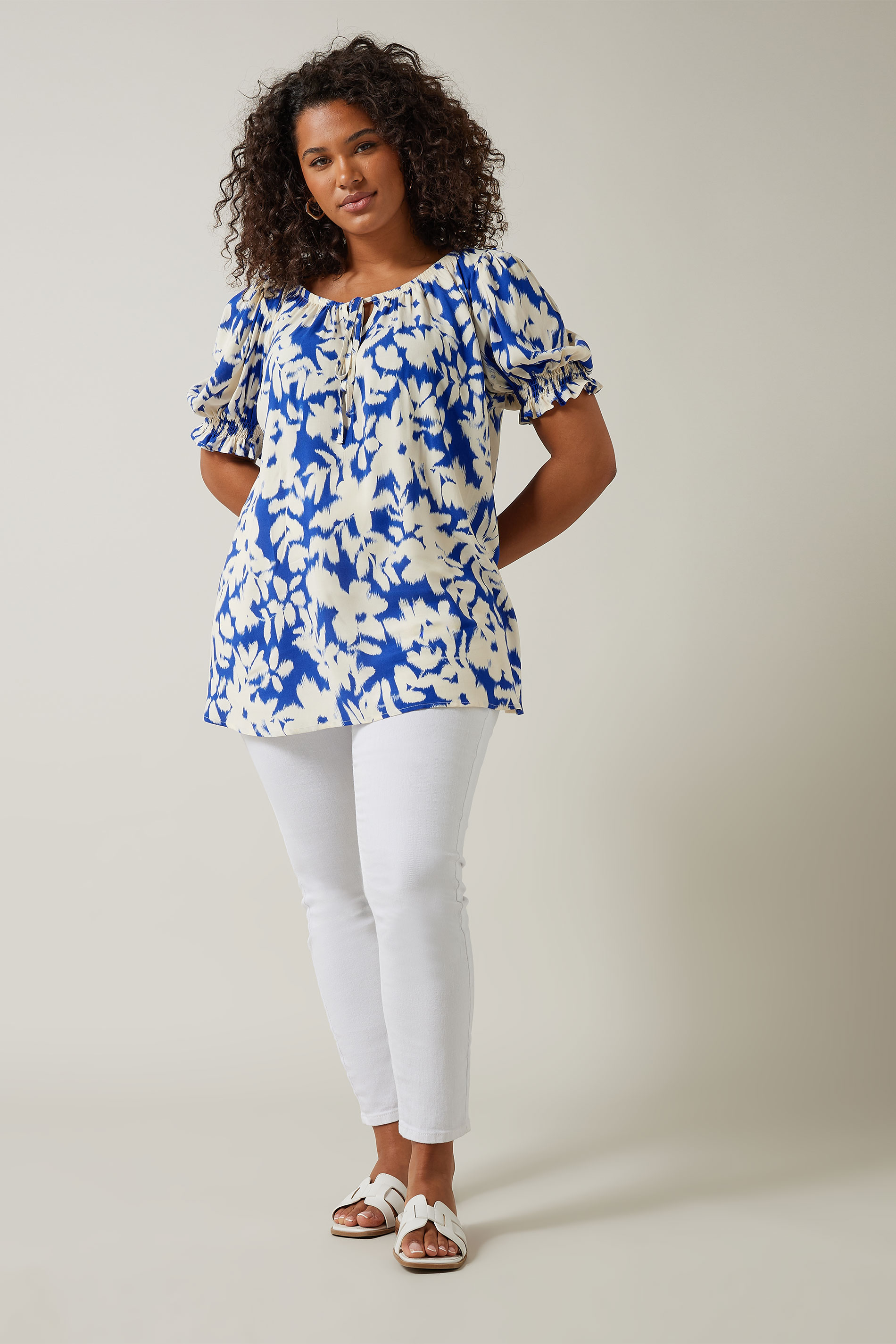 EVANS Plus Size Blue Floral Blur Print Tie Front Top | Evans