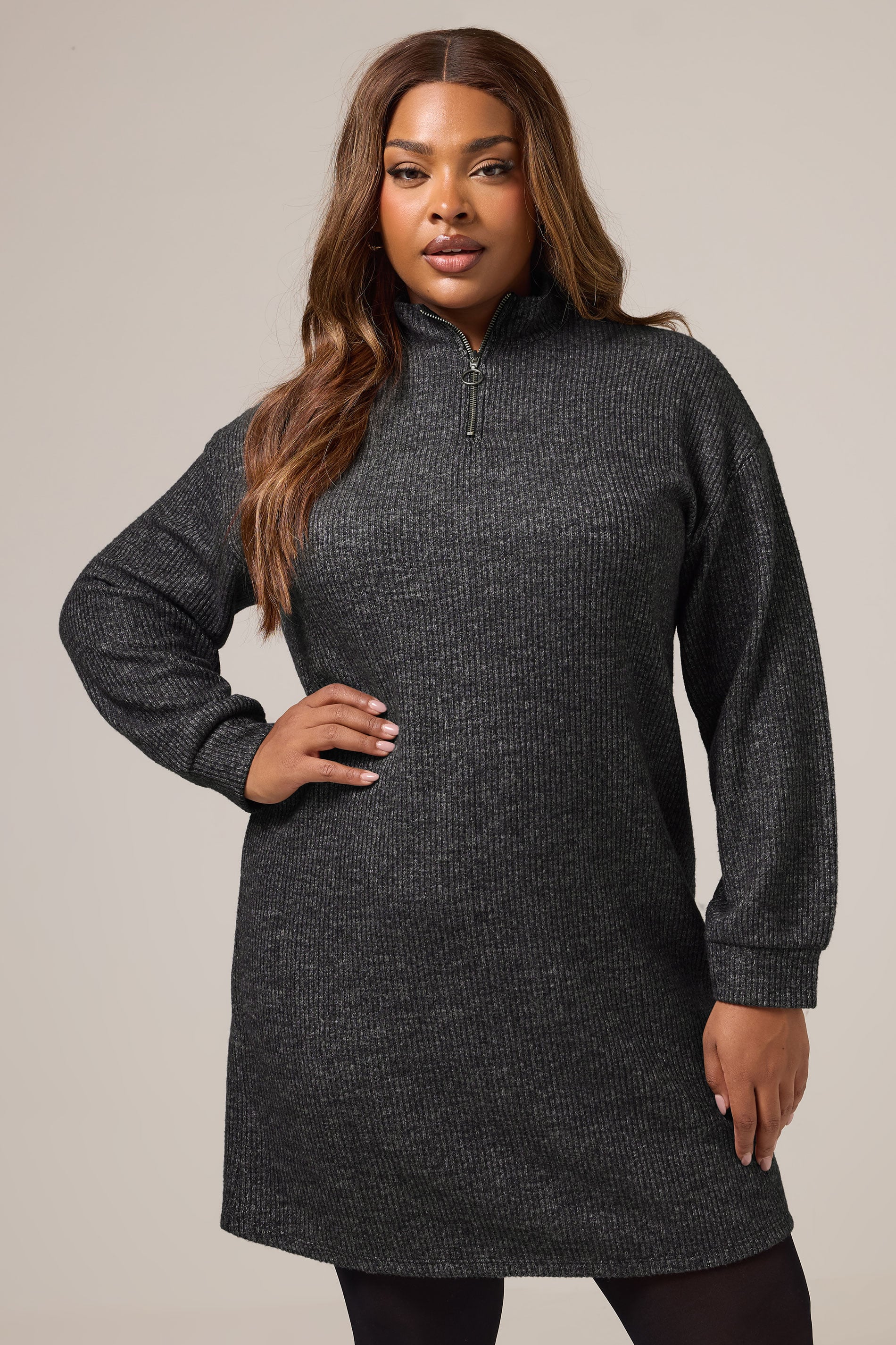YOURS Plus Size Charcoal Grey Zip Neck Ribbed Jumper Dress | Yours Clothing 3