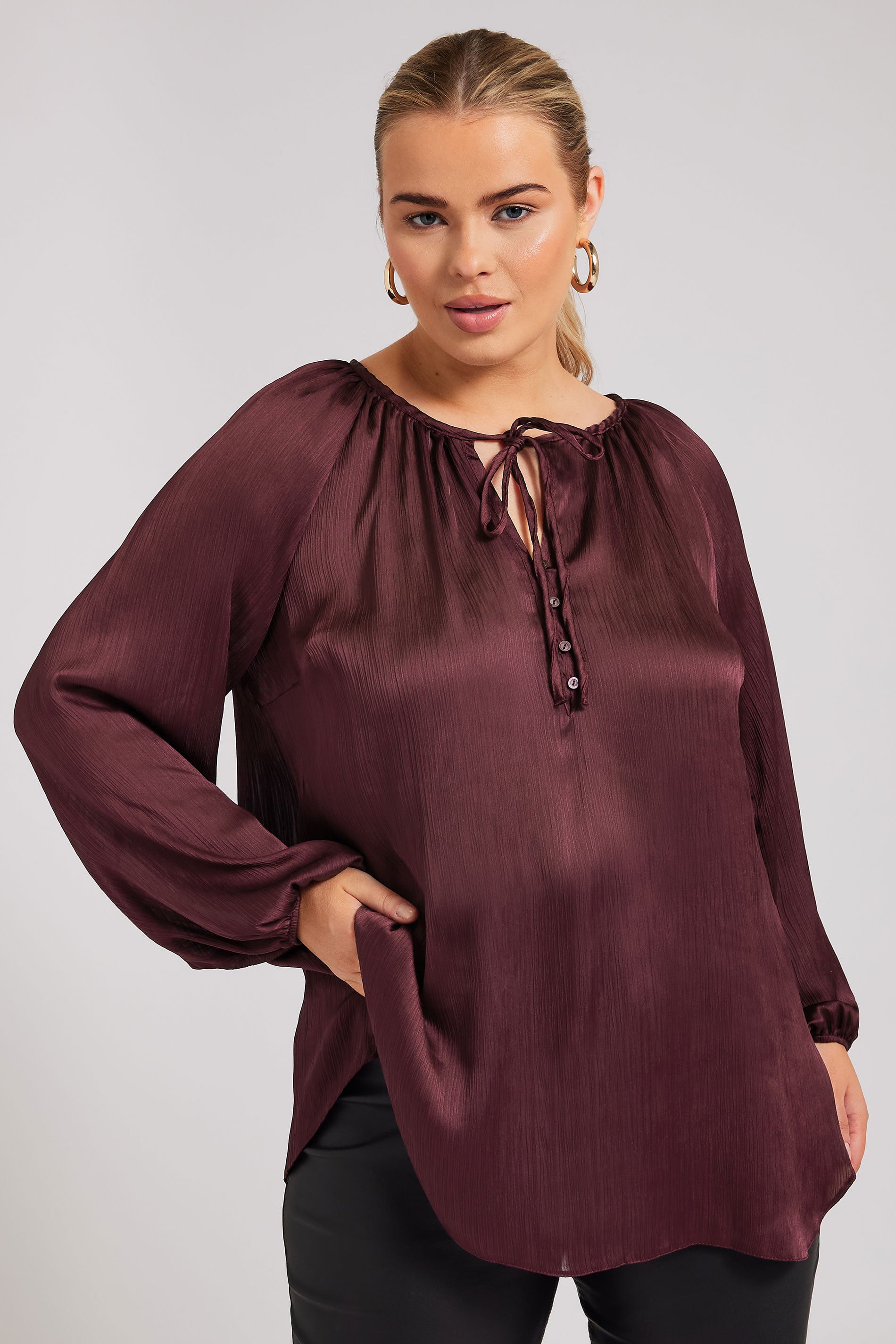 YOURS Plus Size Burgundy Red Tie Neck Blouse | Yours Clothing  3