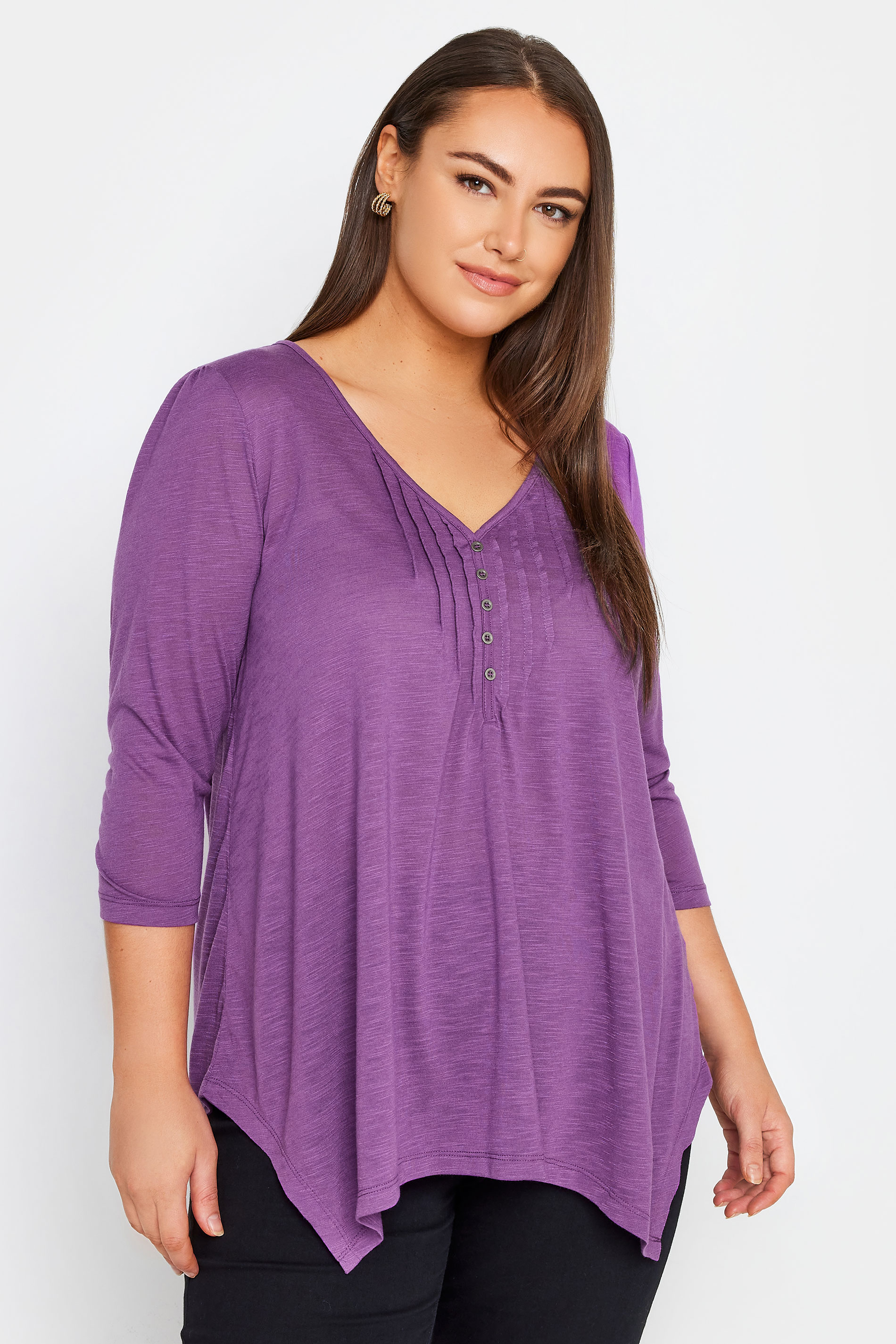 Evans Purple Pleated Front Hanky Hem Top | Evans