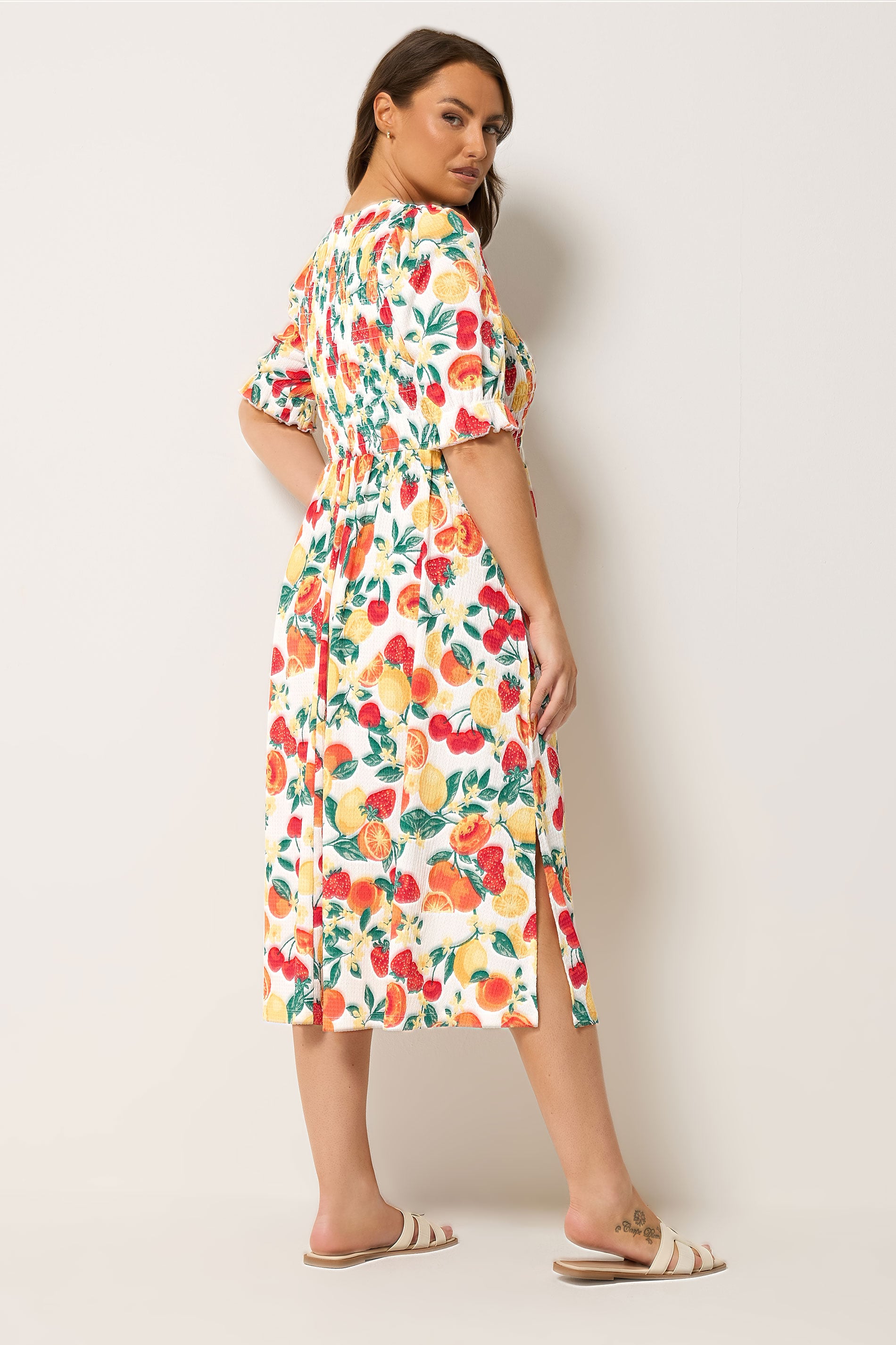 YOURS Plus Size Orange Shirred Fruit Print Dress | Yours Clothing 2