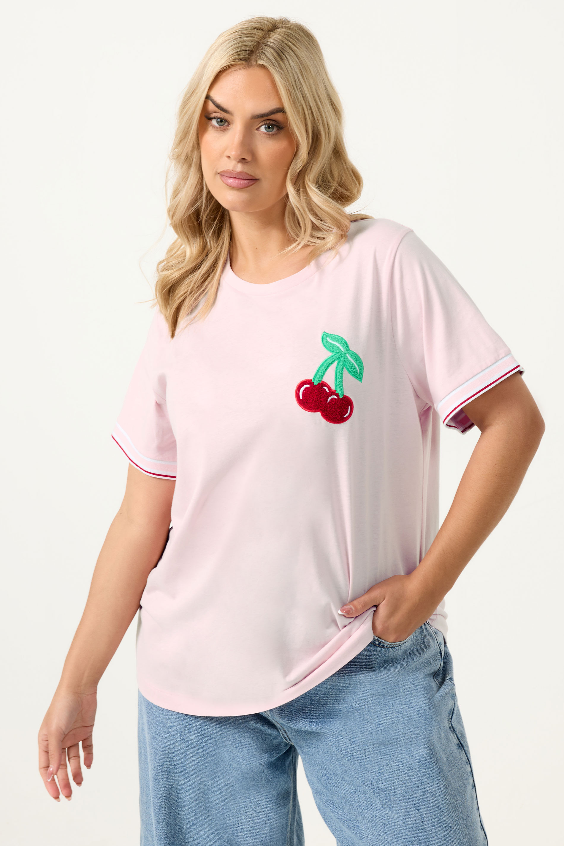 YOURS Plus Size Pink Cherry Varsity Trim T-Shirt | Yours Clothing 3