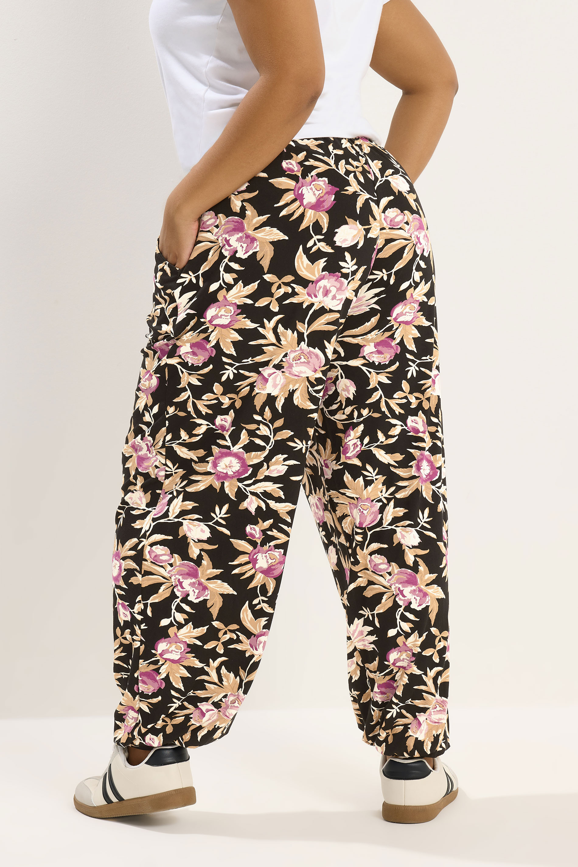 YOURS Plus Size Black Floral Print Cuffed Harem Trousers | Yours Clothing 2
