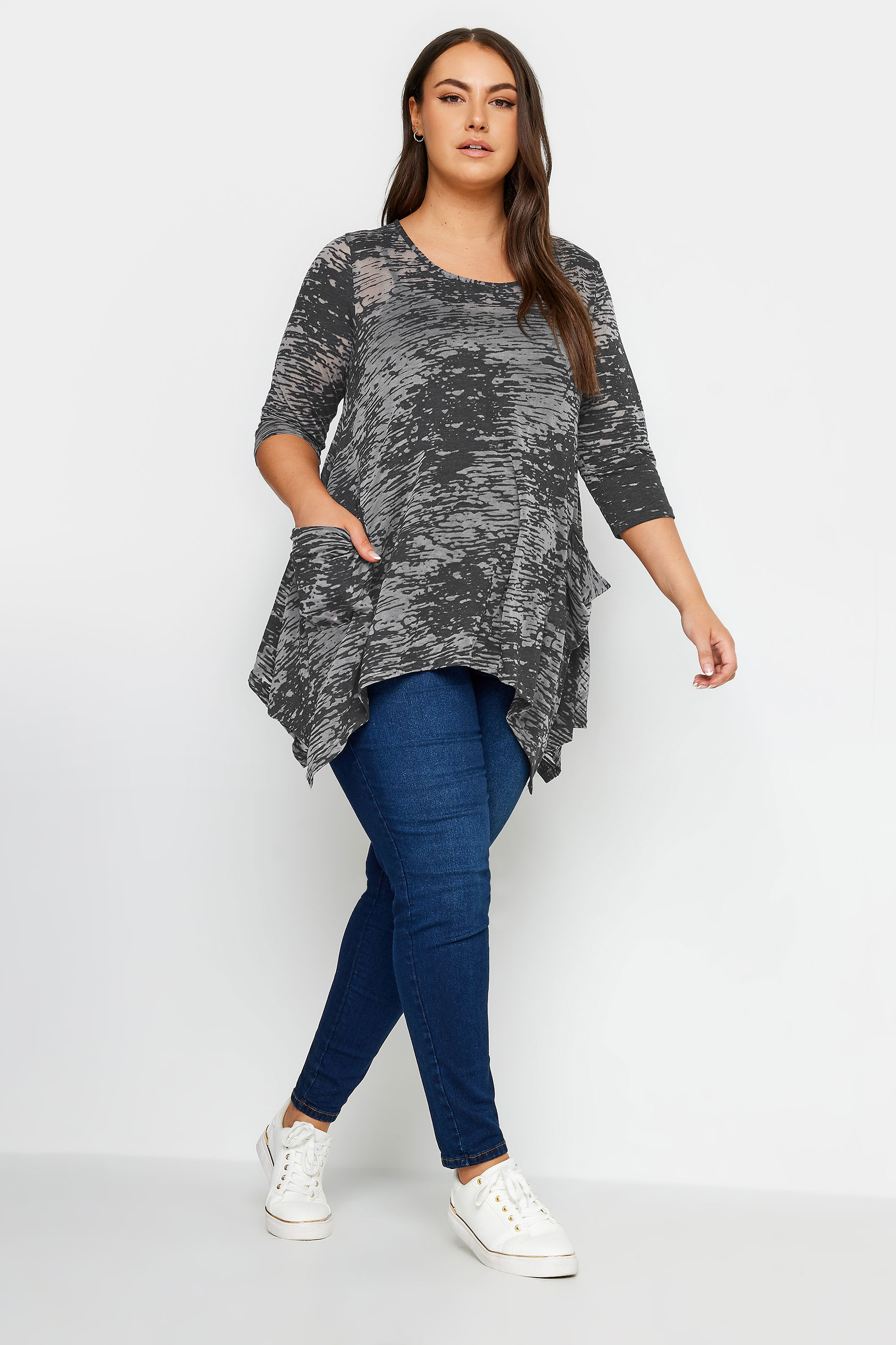 YOURS Plus Size Black Abstract Print Pocket Top | Yours Clothing 2