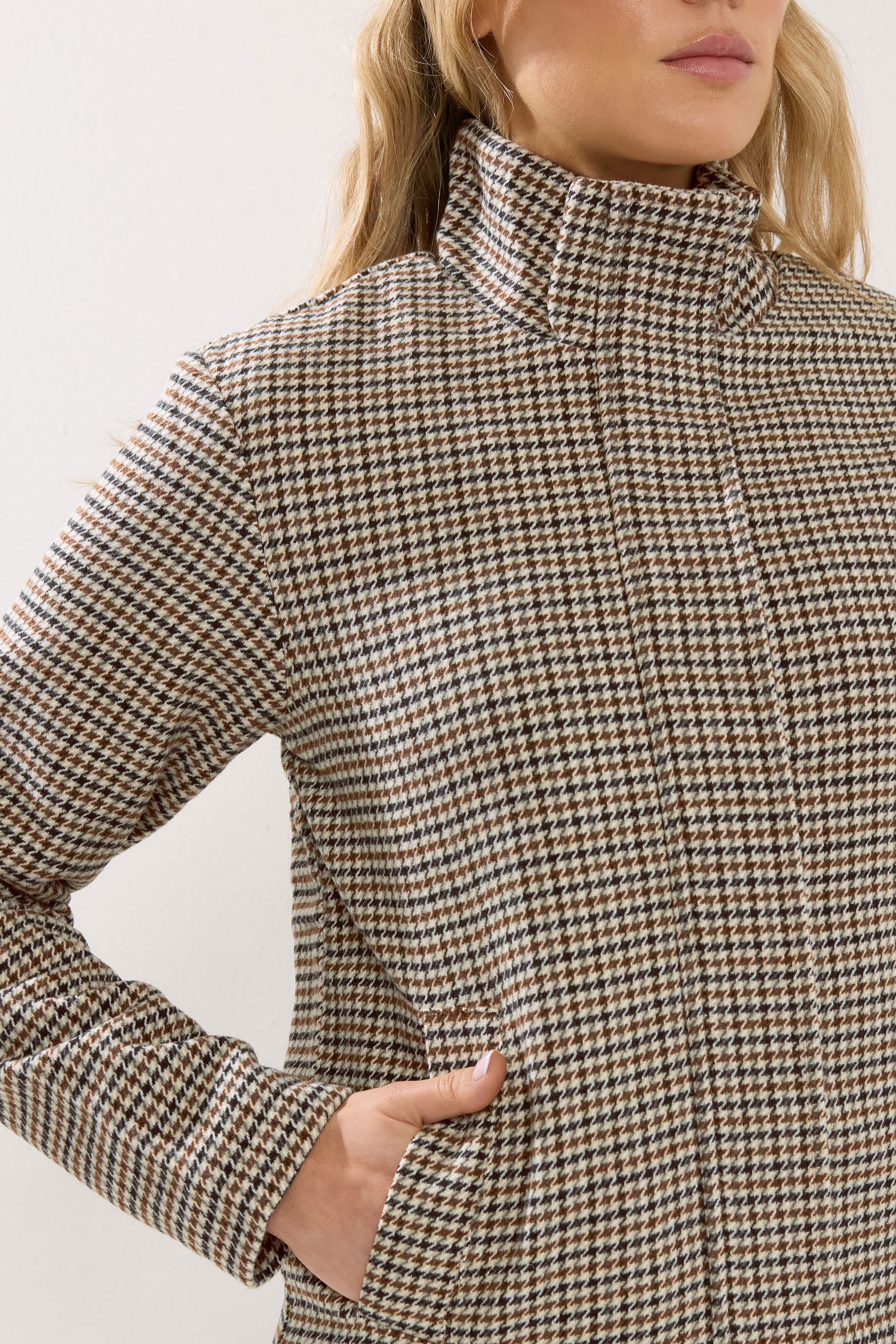 LTS Tall Brown Check Funnel Neck Coat | Long Tall Sally 5