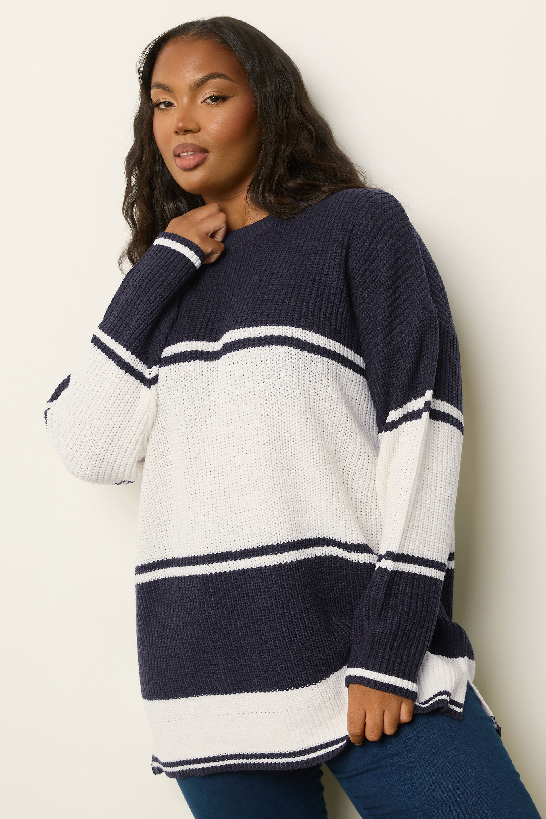 YOURS Plus Size Navy Blue Stripe Knitted Jumper | Yours Clothing 3