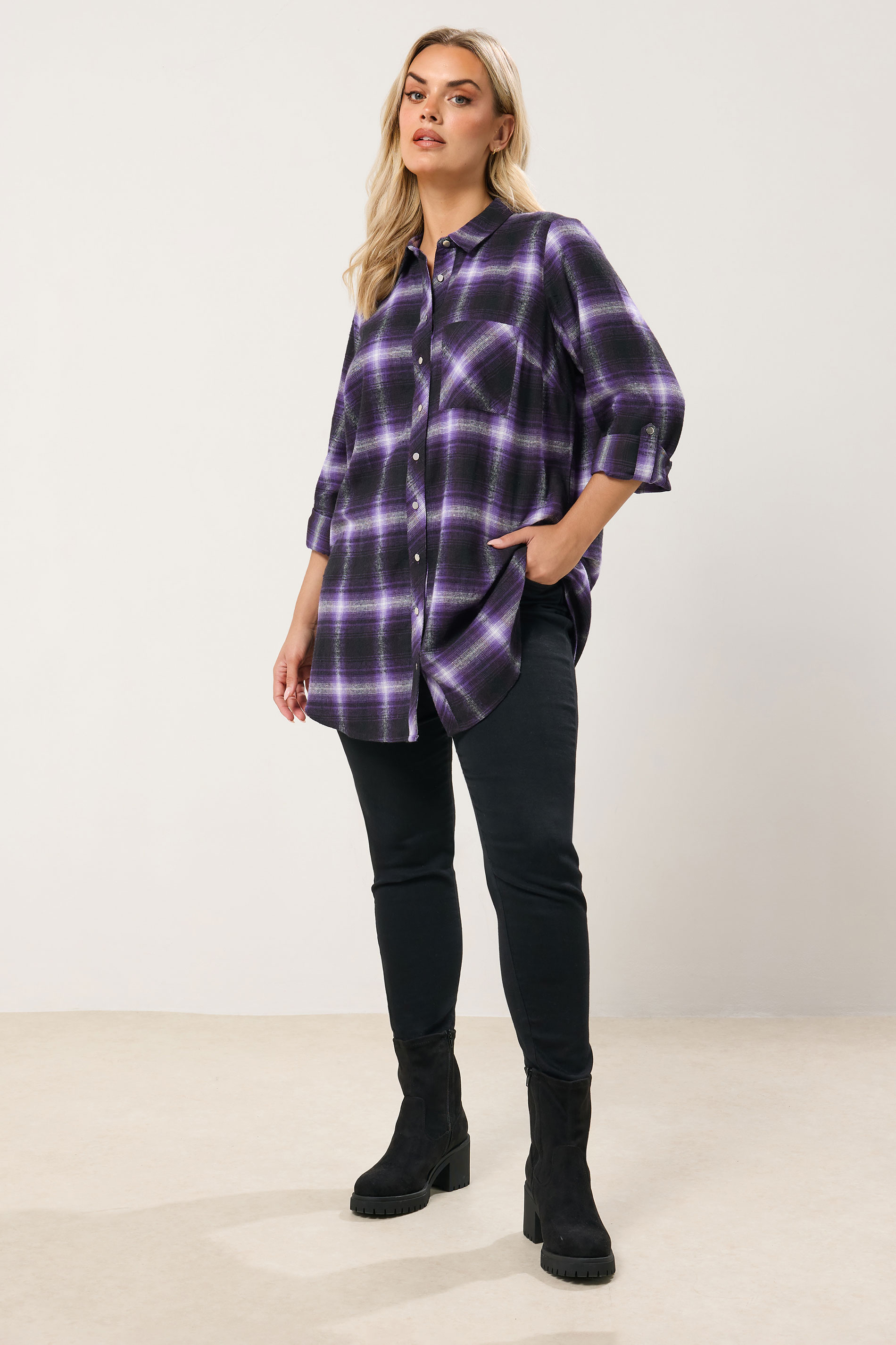 YOURS Plus Size Purple Check Boyfriend Shirt | Yours Clothing 1