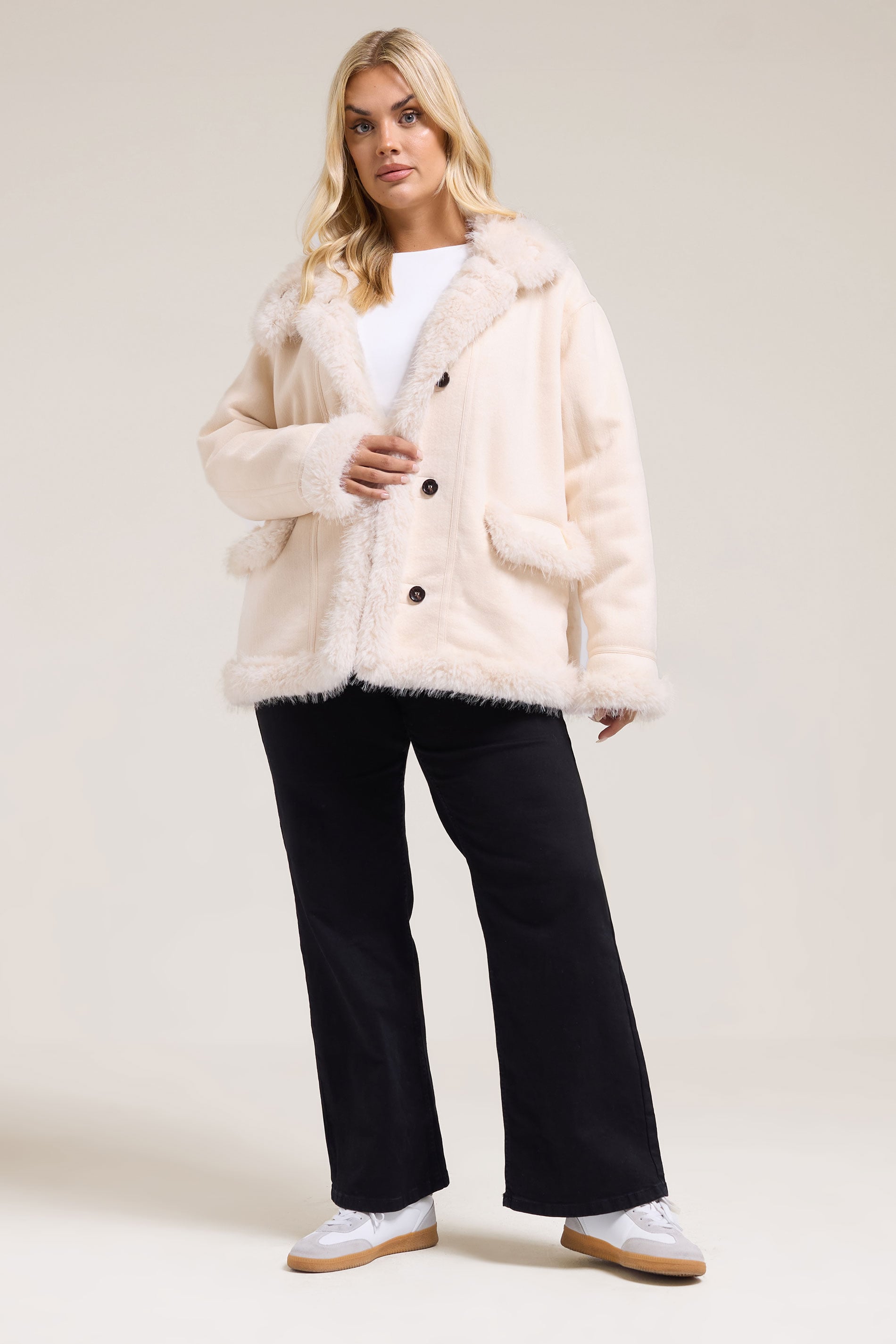 YOURS Plus Size Ivory White Shaggy Faux Fur Trim Coat | Yours Clothing 2