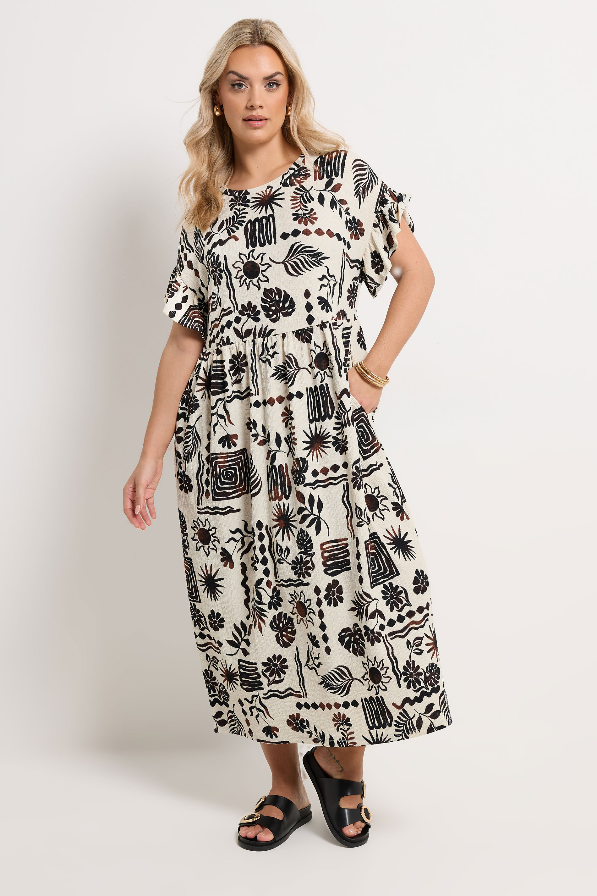 YOURS Plus Size Ivory White Abstract Midi Dress | Yours Clothing 1