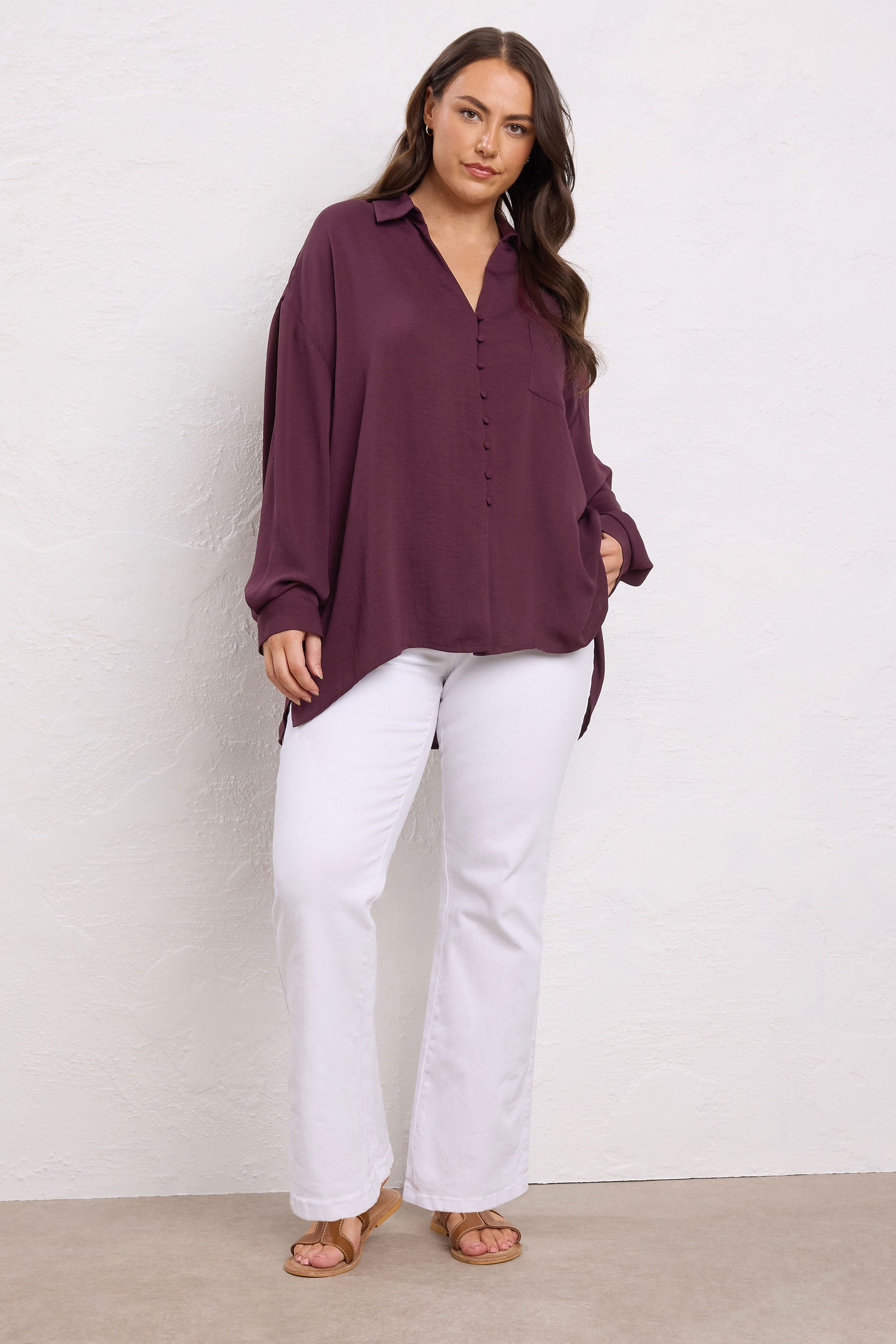 EVANS Plus Size Burgundy Red Dipped Hem Oversized Shirt | Evans 1