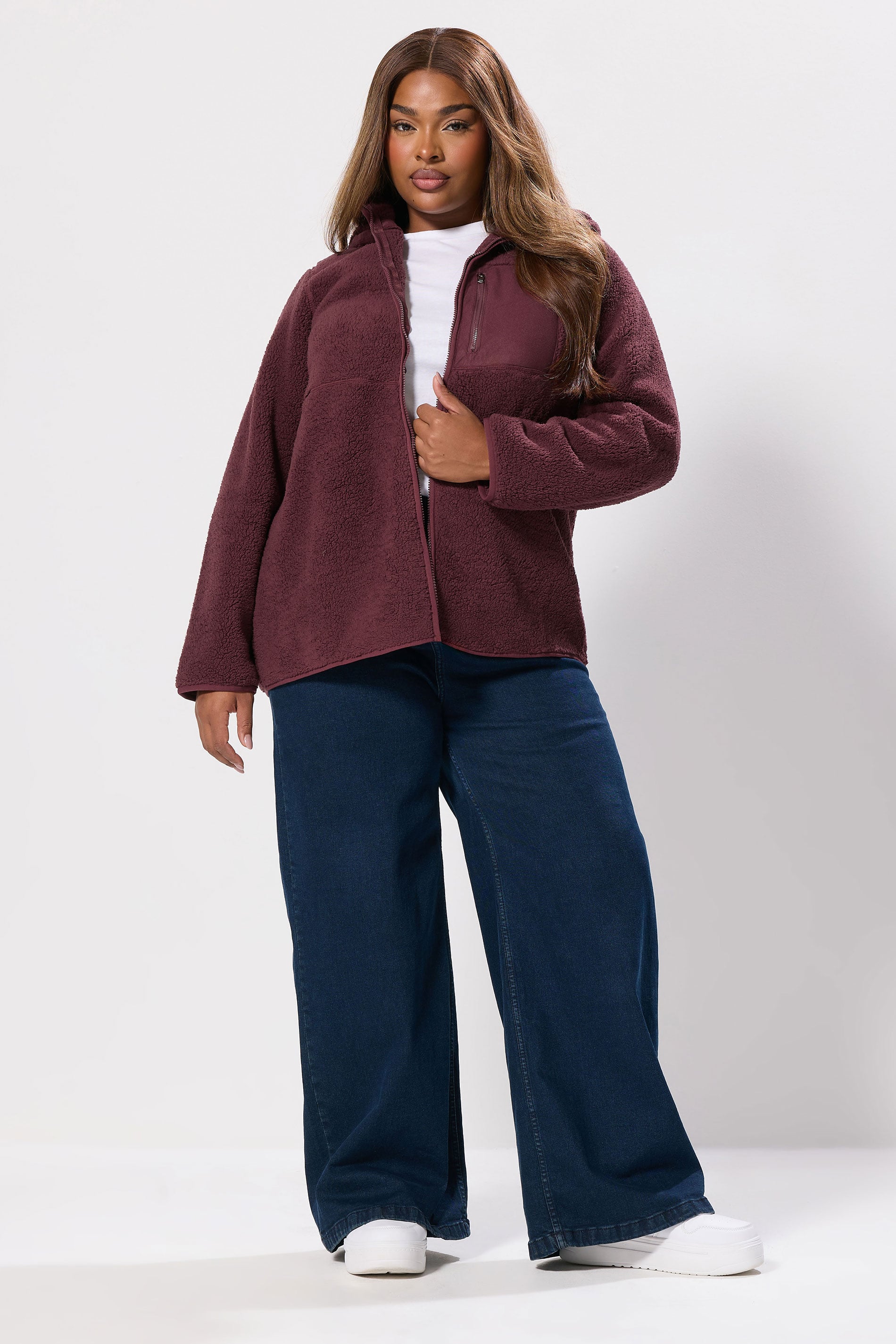 YOURS Plus Size Burgundy Red Hooded Pocket Fleece Jacket | Yours Clothing 3