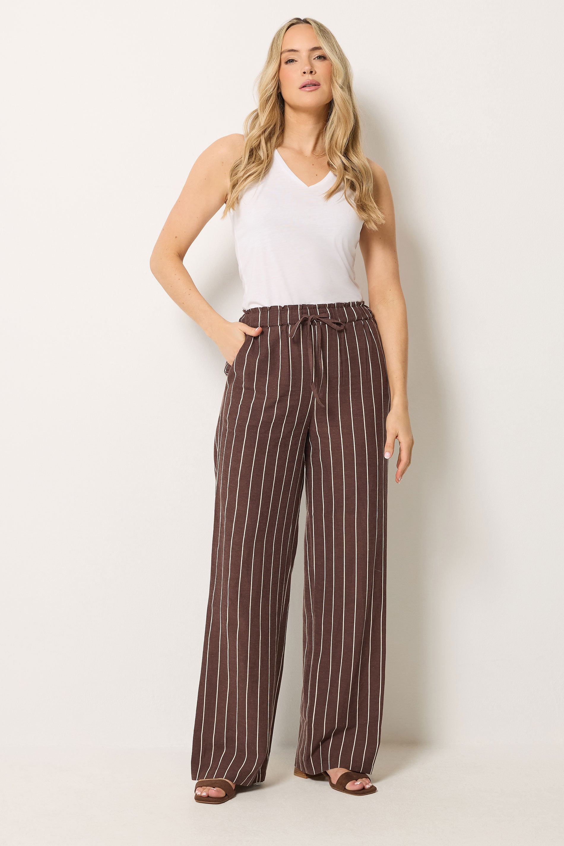 LTS Tall Women's Chocolate Brown Stripe Linen Wide Leg Trousers | Long Tall Sally 3