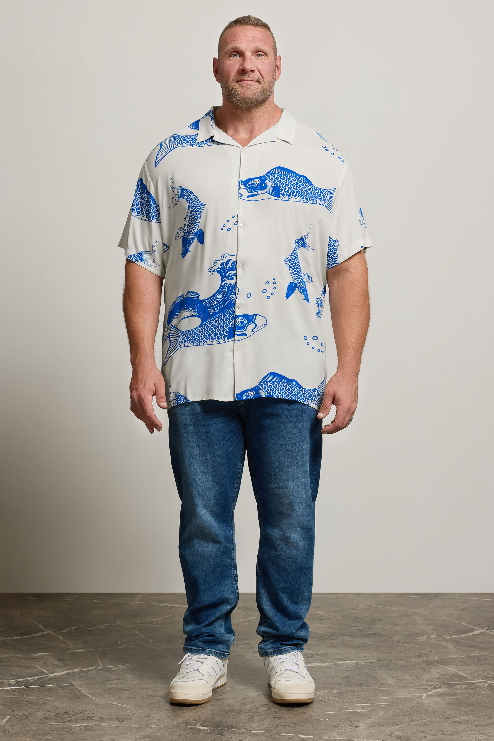 JACK & JONES Big & Tall White & Blue Koi Print Resort Shirt | BadRhino 1
