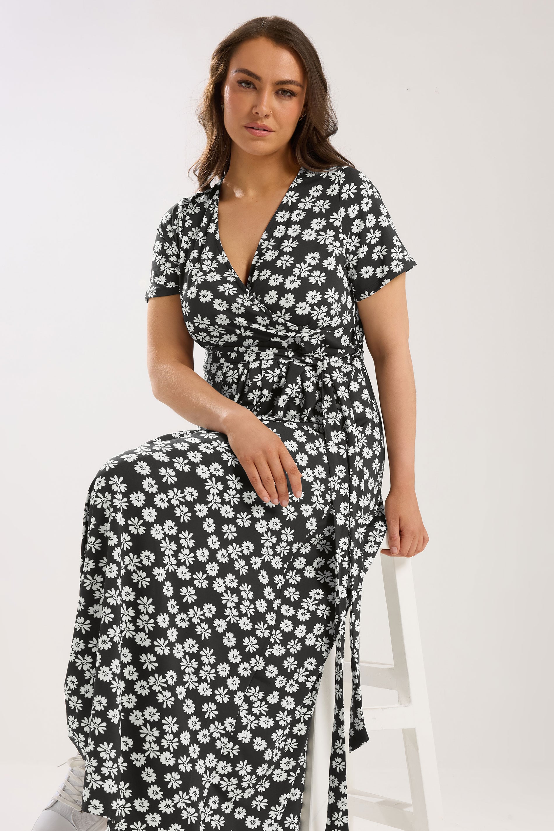 YOURS Plus Size Black Floral Short Sleeve Wrap Maxi Dress | Yours Clothing  1