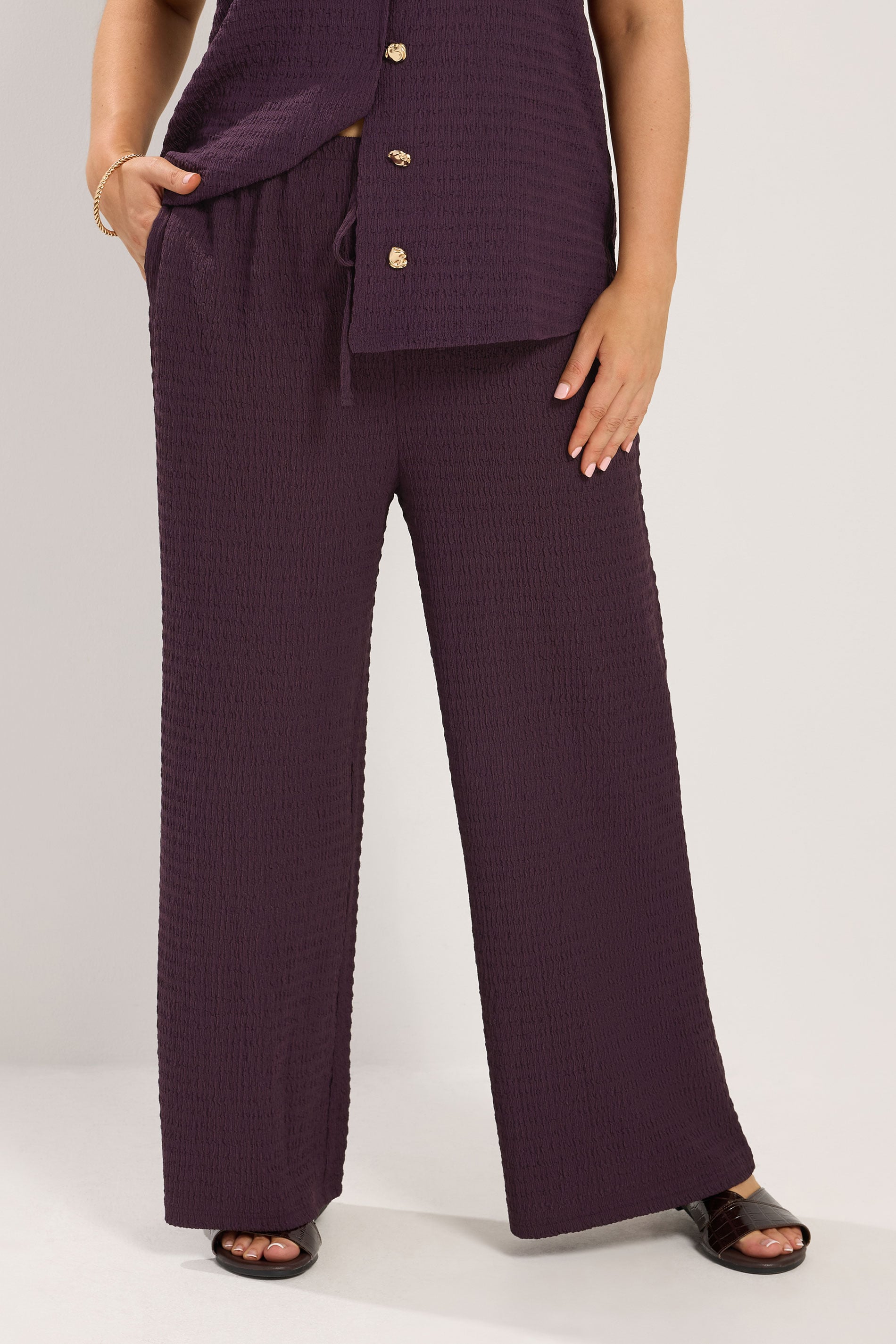 YOURS Plus Size Purple Wide Leg Crinkle Trousers | Yours Clothing 3