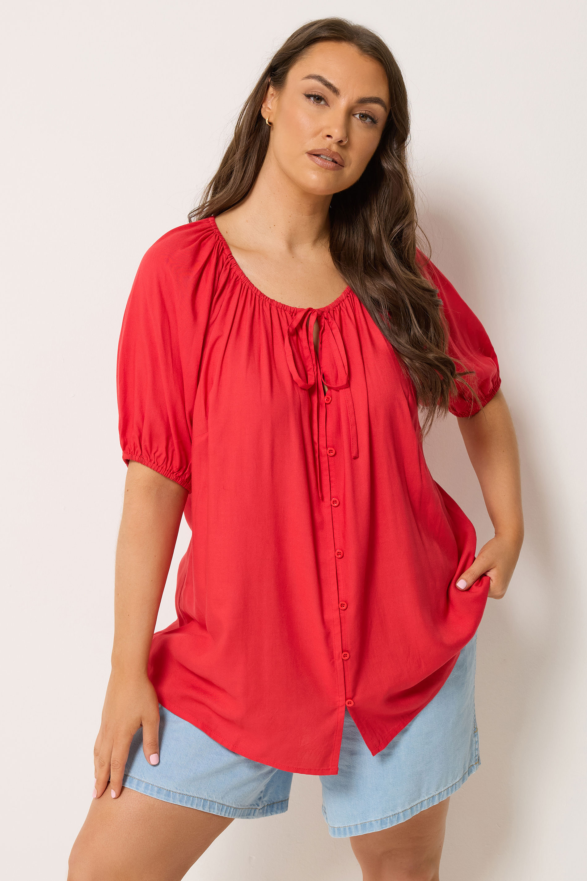 YOURS Plus Size Red Button Through Tie Neck Top | Yours Clothing 3