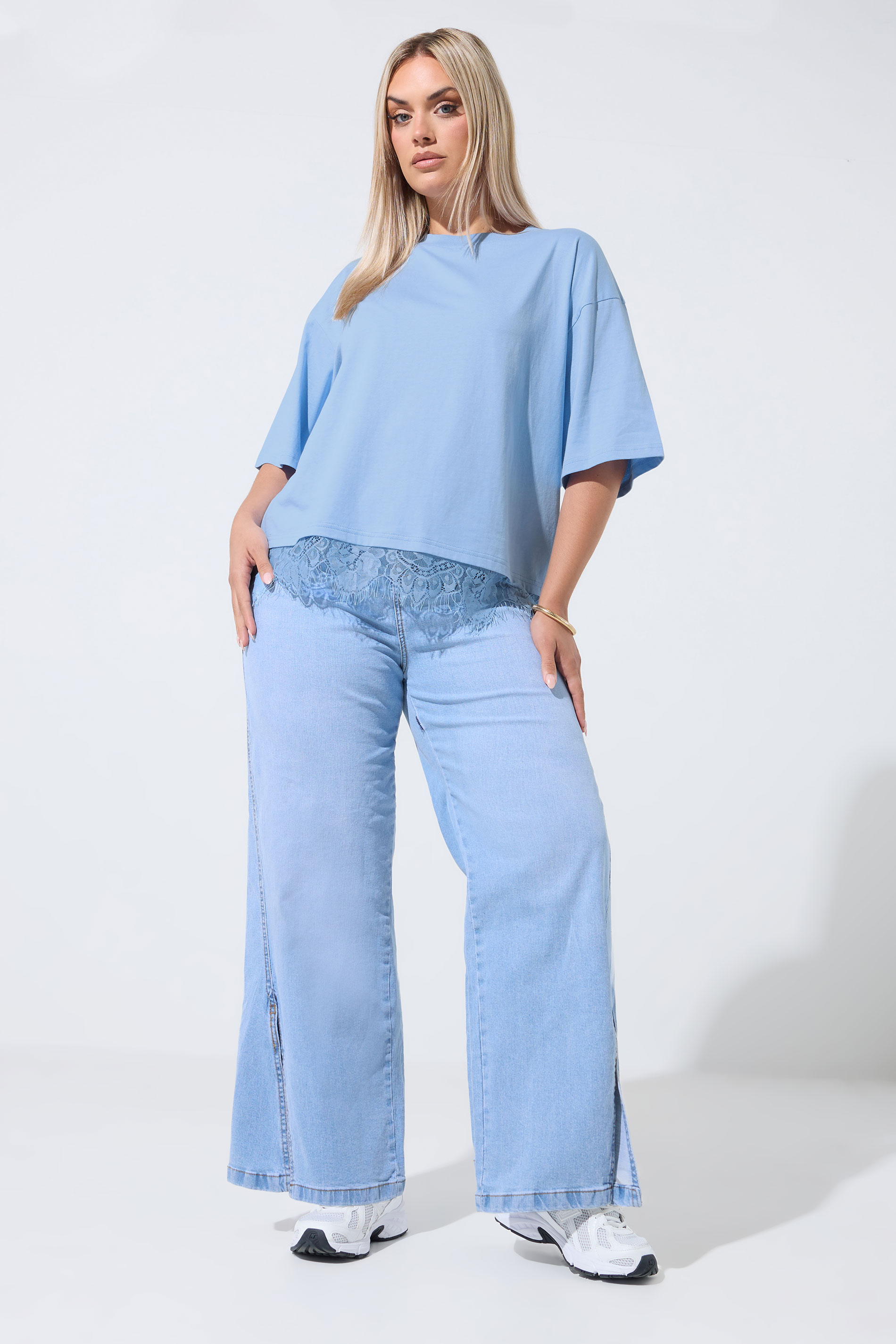 LIMITED COLLECTION Plus Size Light Blue Lace Hem T-Shirt | Yours Clothing 1