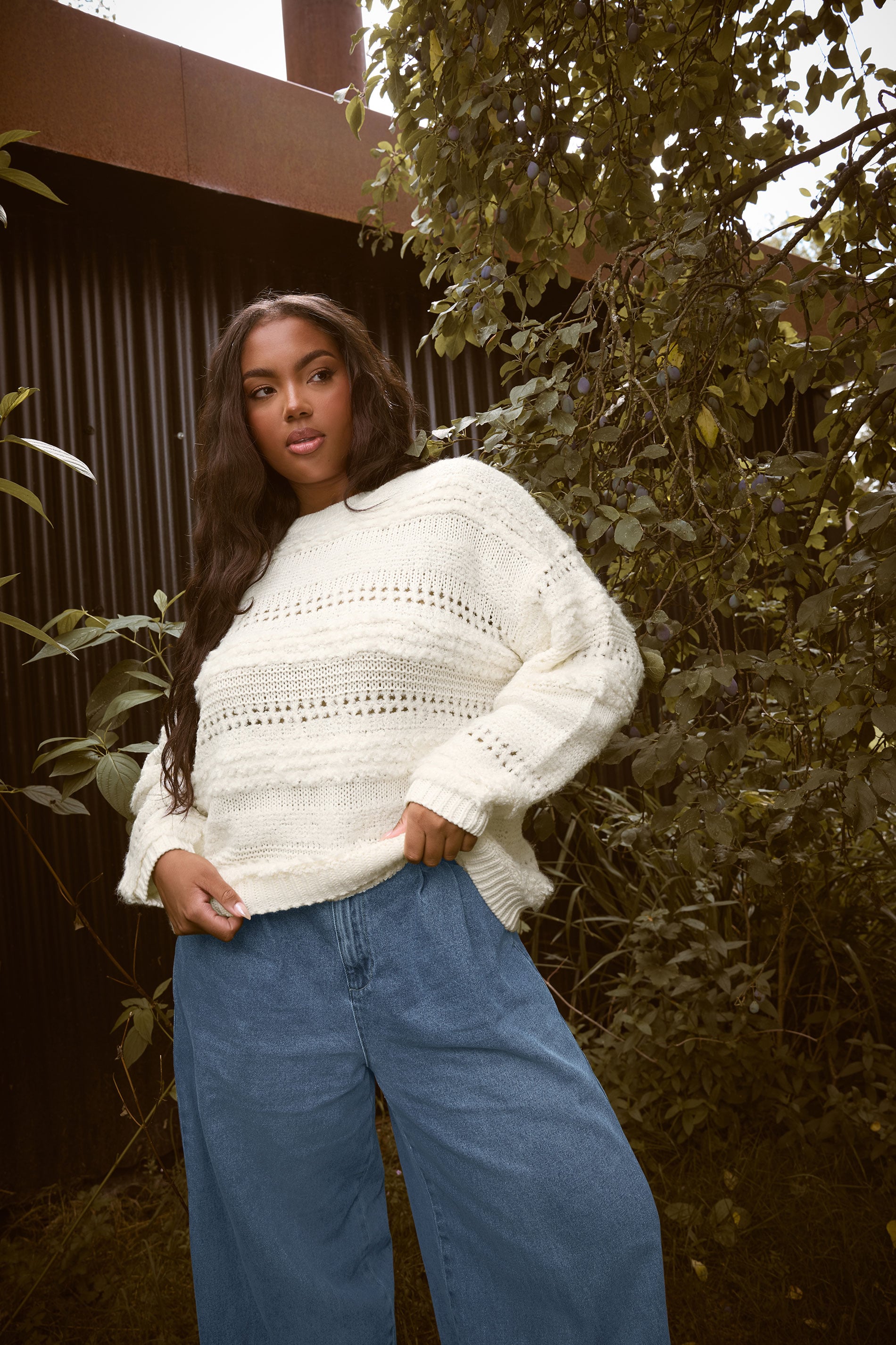 YOURS Plus Size Ivory White Boucle Pointelle Knit Jumper | Yours Clothing 1