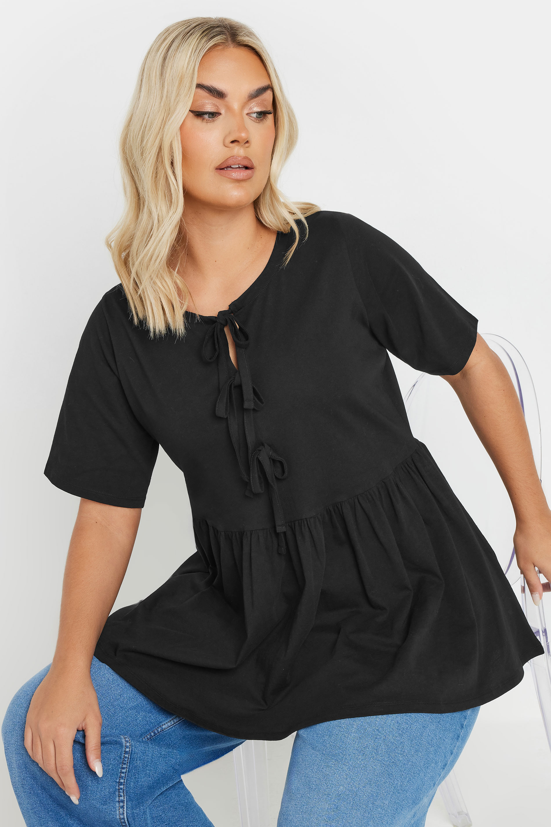 YOURS Plus Size Black Bow Tie Front Peplum Top | Yours Clothing 5