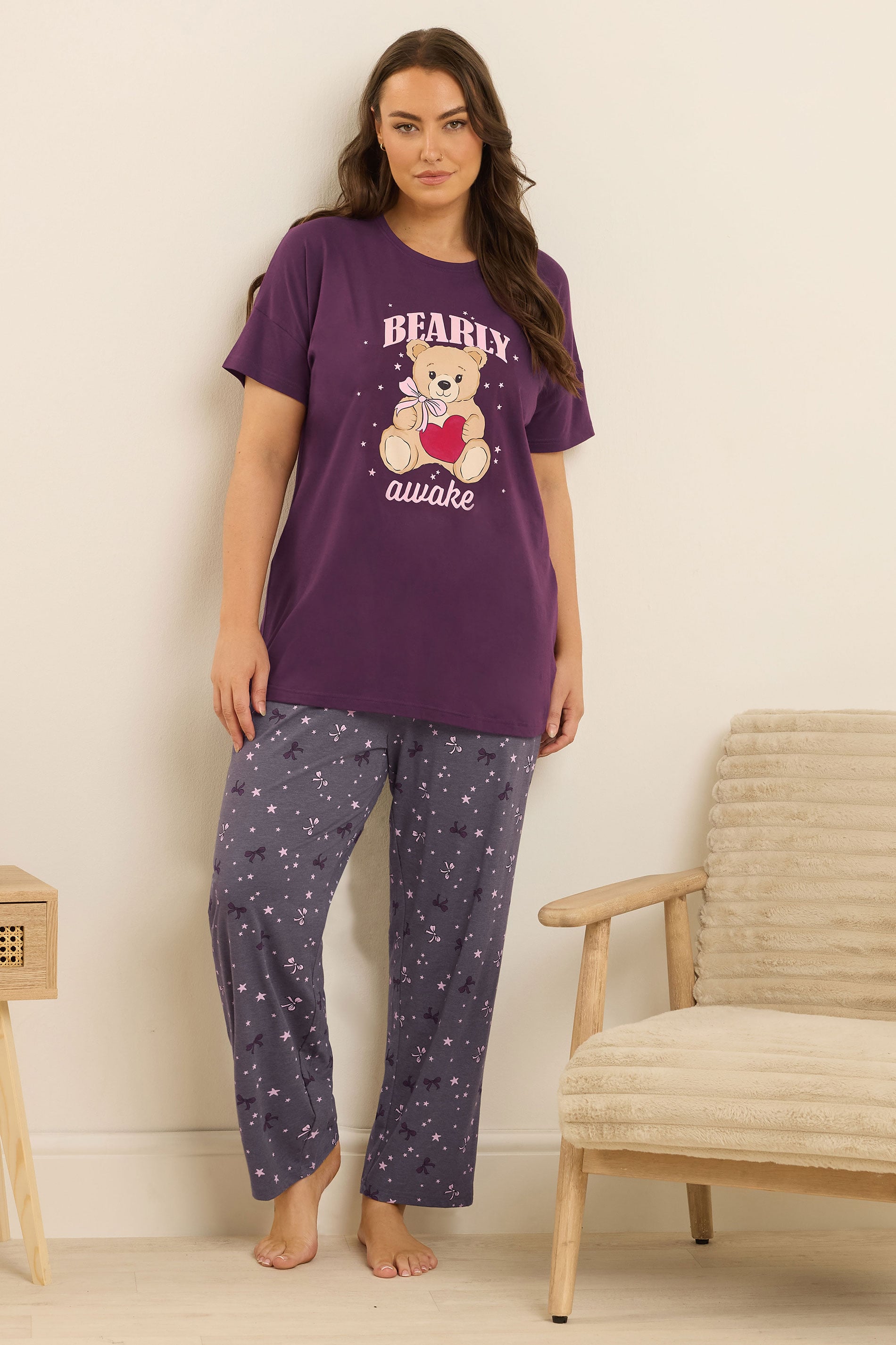 YOURS Plus Size Burgundy Red 'Bearly Awake' Pyjama Set | Yours Clothing 3