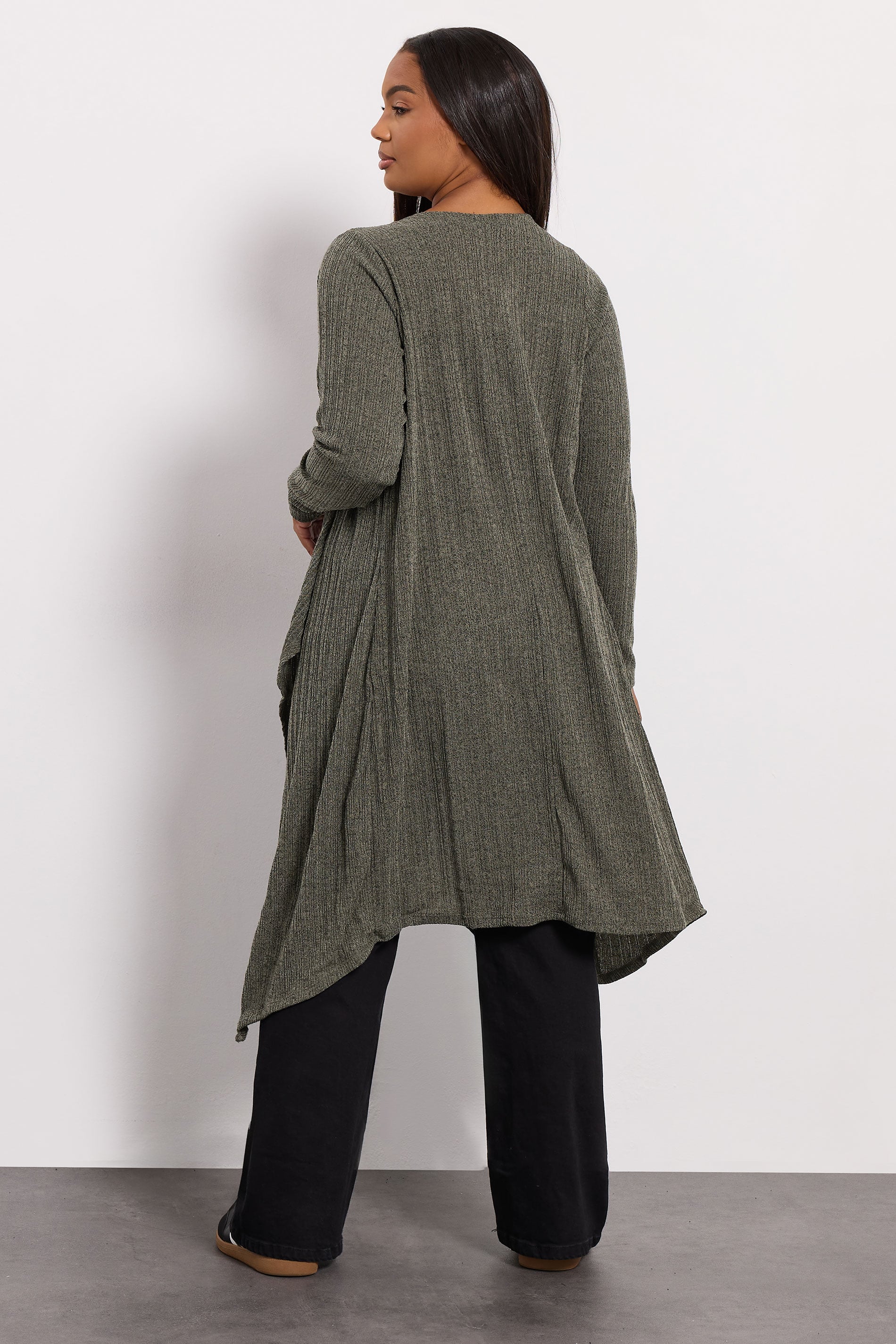 YOURS Plus Size Khaki Green Ribbed Midaxi Waterfall Cardigan | Yours Clothing 2