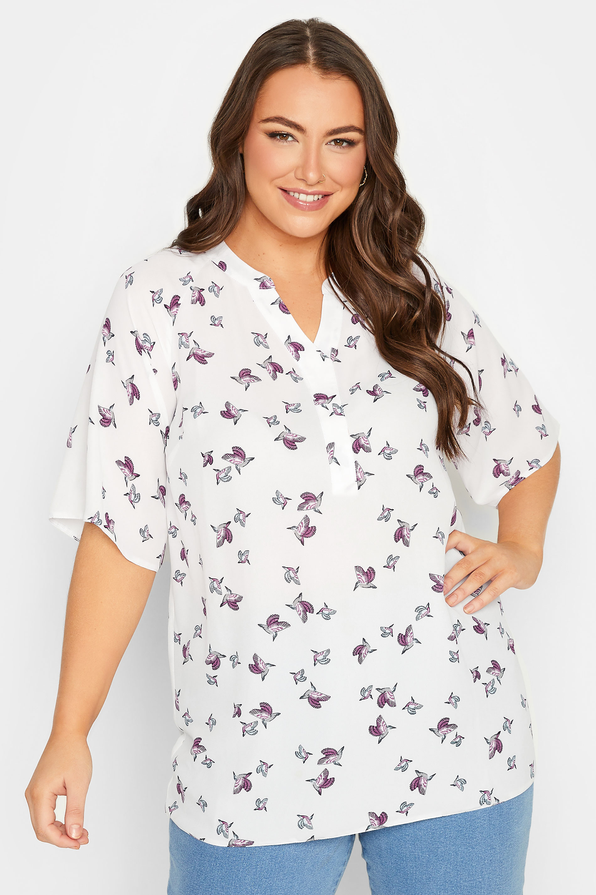 YOURS Plus Size White Bird Print V-Neck Blouse | Yours Clothing 1