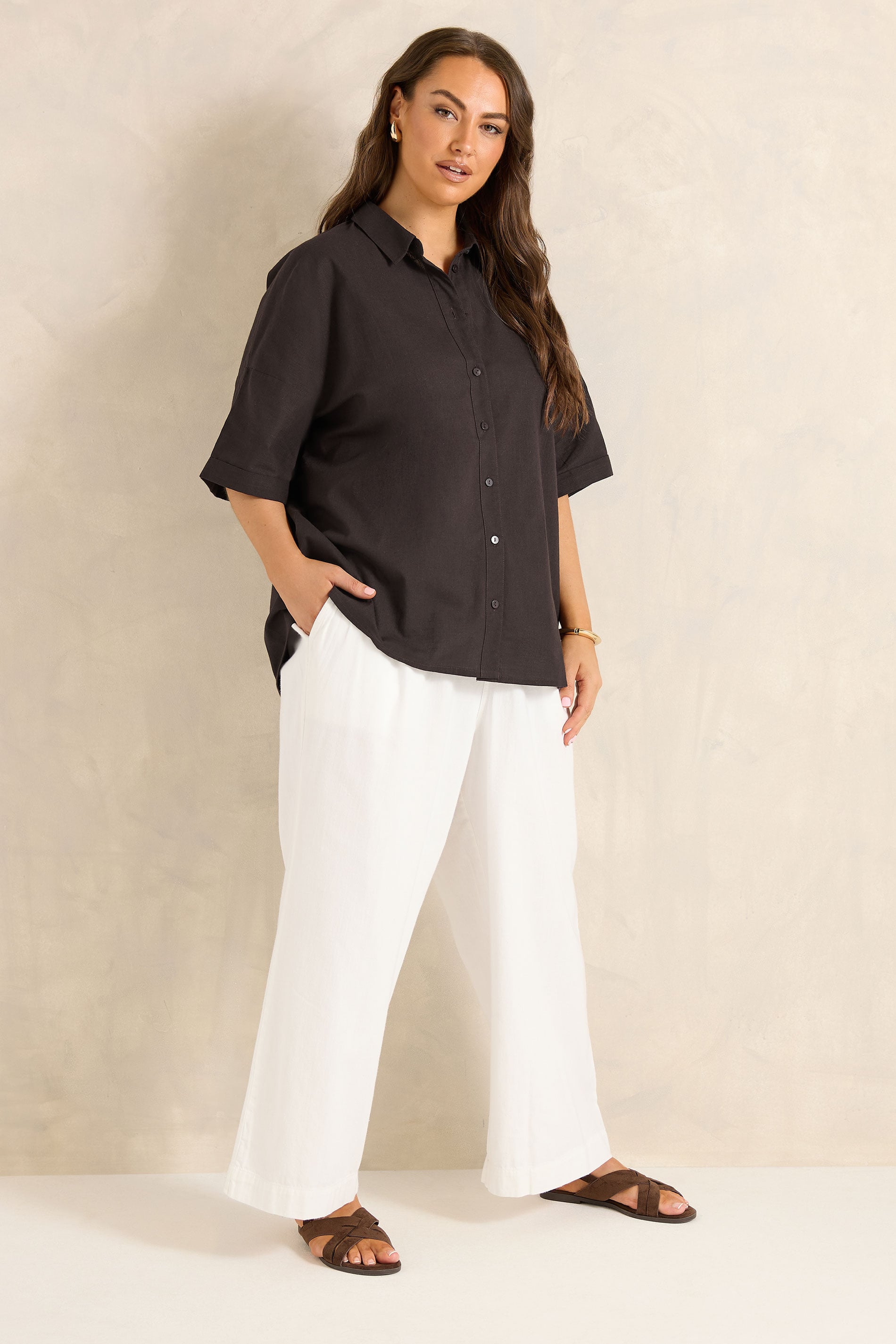 EVANS Plus Size Brown Cotton Boxy Collard Shirt | Evans  1