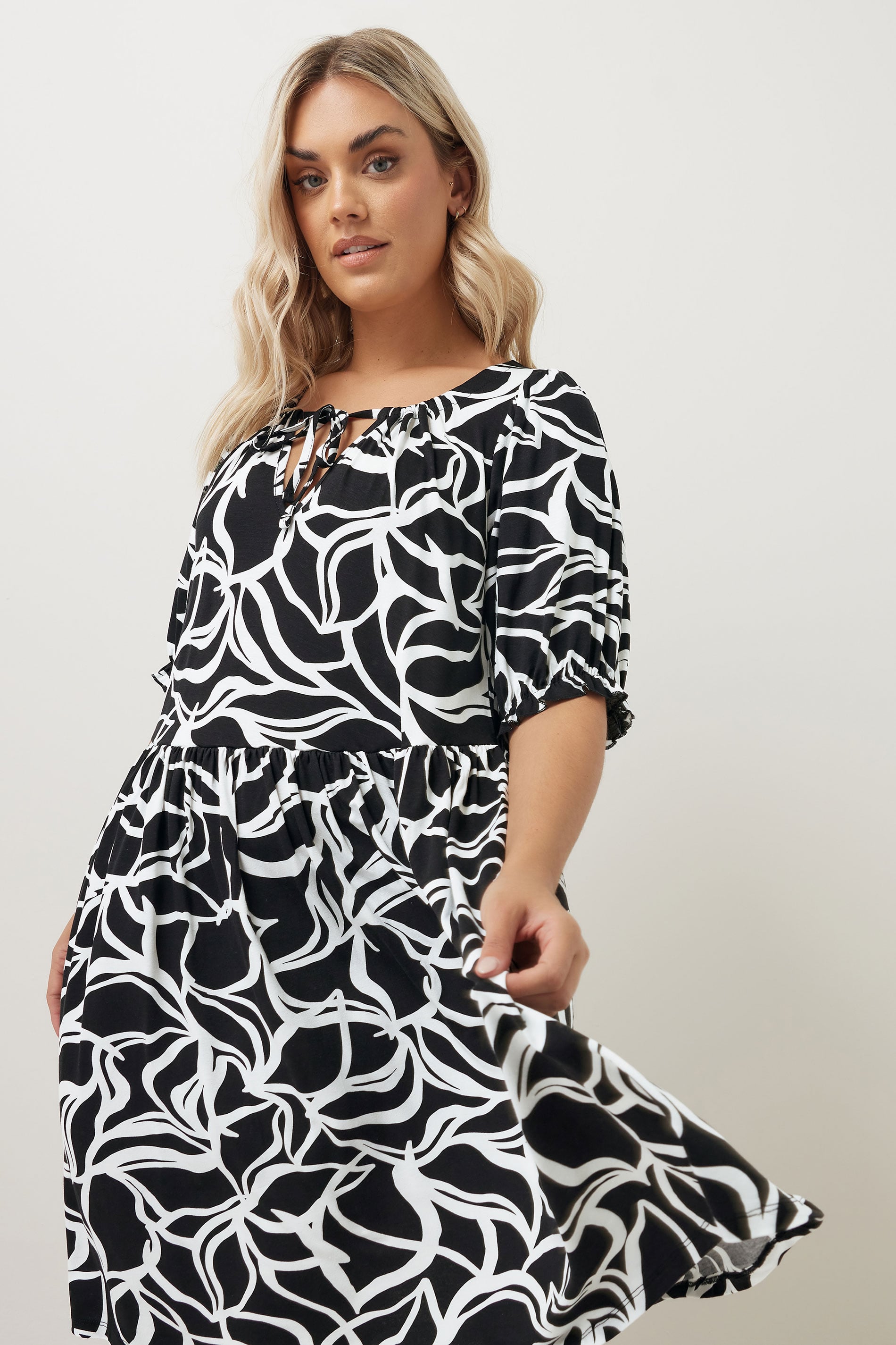 YOURS Plus Size Black Abstract Print Tie Neck Midi Dress | Yours Clothing 3