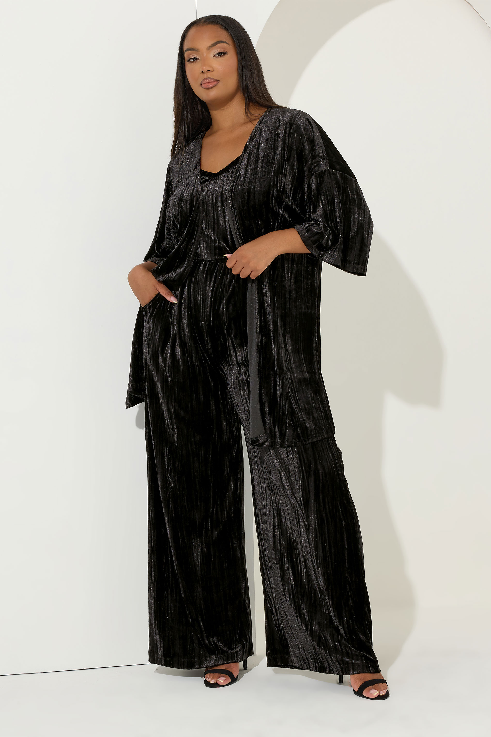 YOURS Plus Size Black Crushed Velour Wide Leg Trousers | Yours Clothing 2