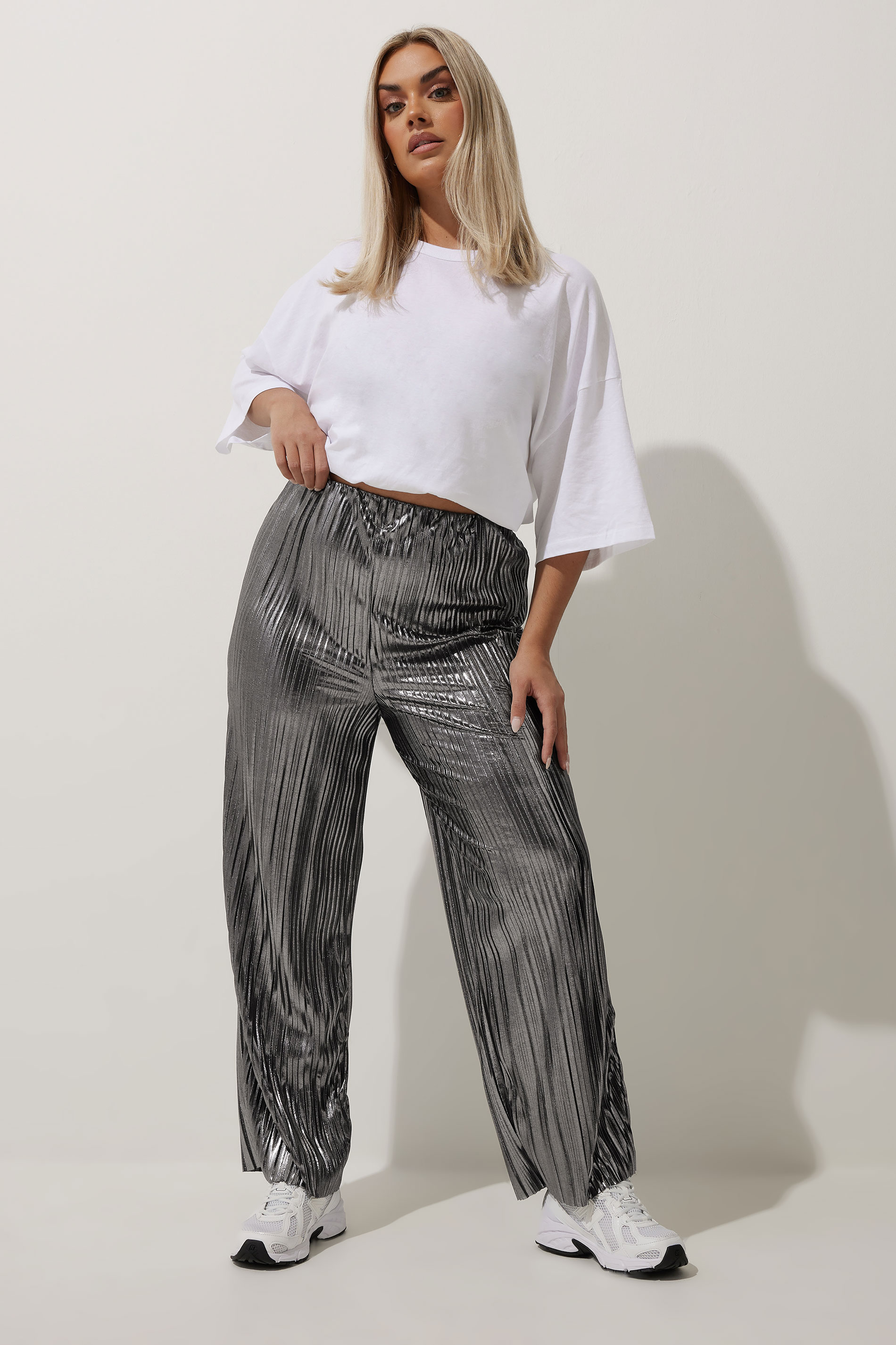 LIMITED COLLECTION Plus Size Silver Metallic Plisse Trousers | Yours Clothing  2