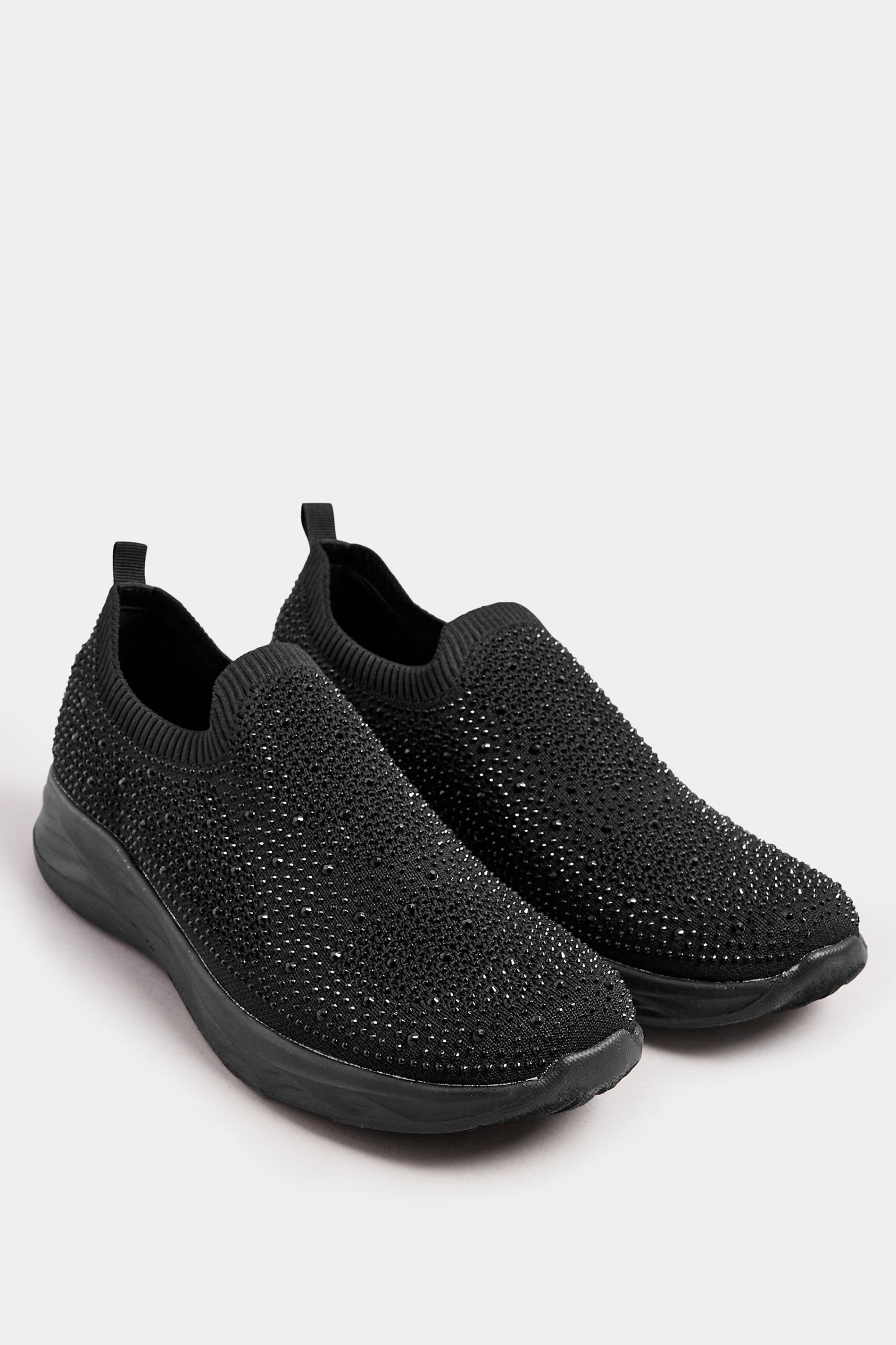 Black Diamante Knitted Slip On Trainers In Extra Wide EEE Fit | Yours Clothing 1