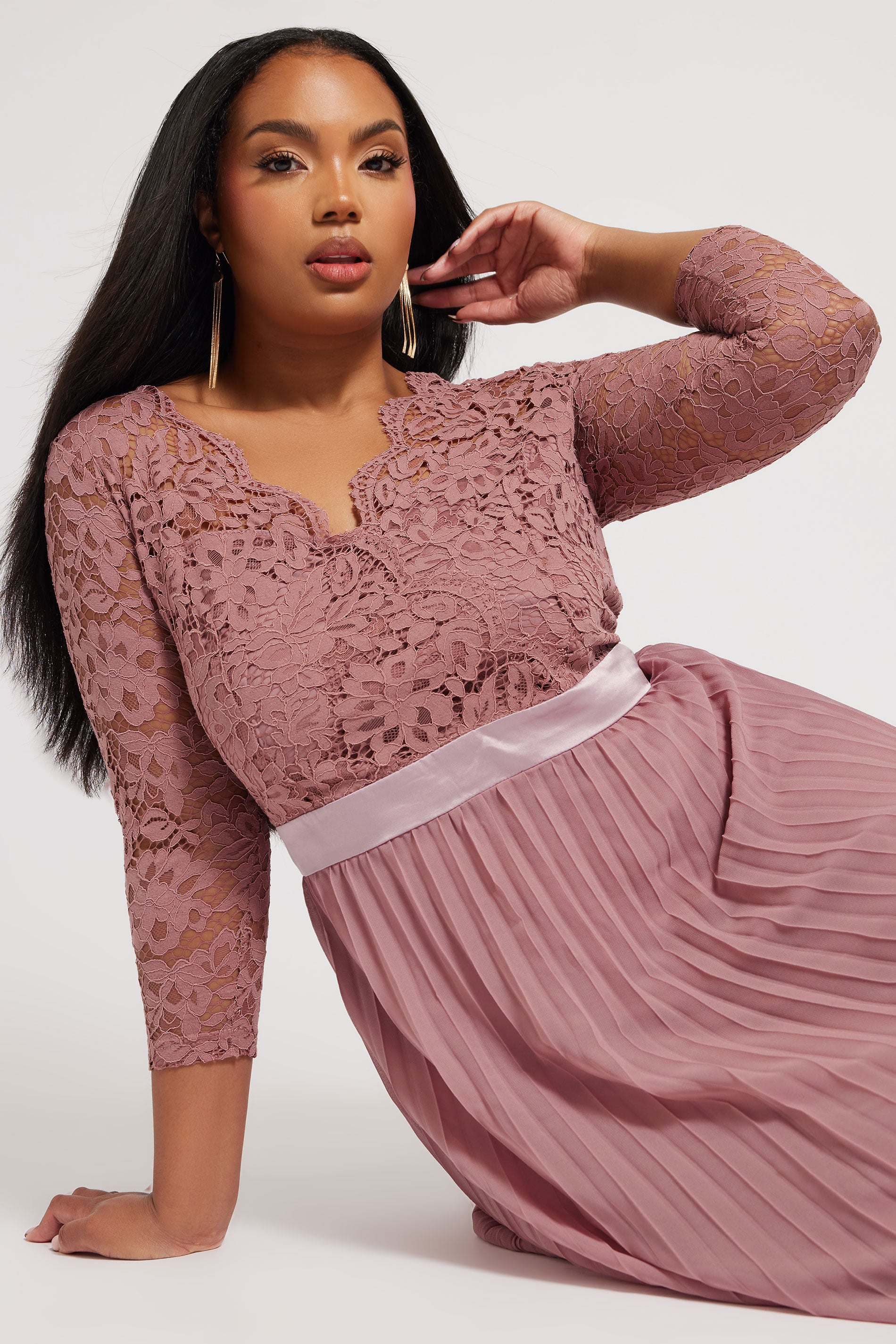 Plus Size YOURS LONDON Curve Blush Pink Lace Pleated Maxi Dress | Yours Clothing  4
