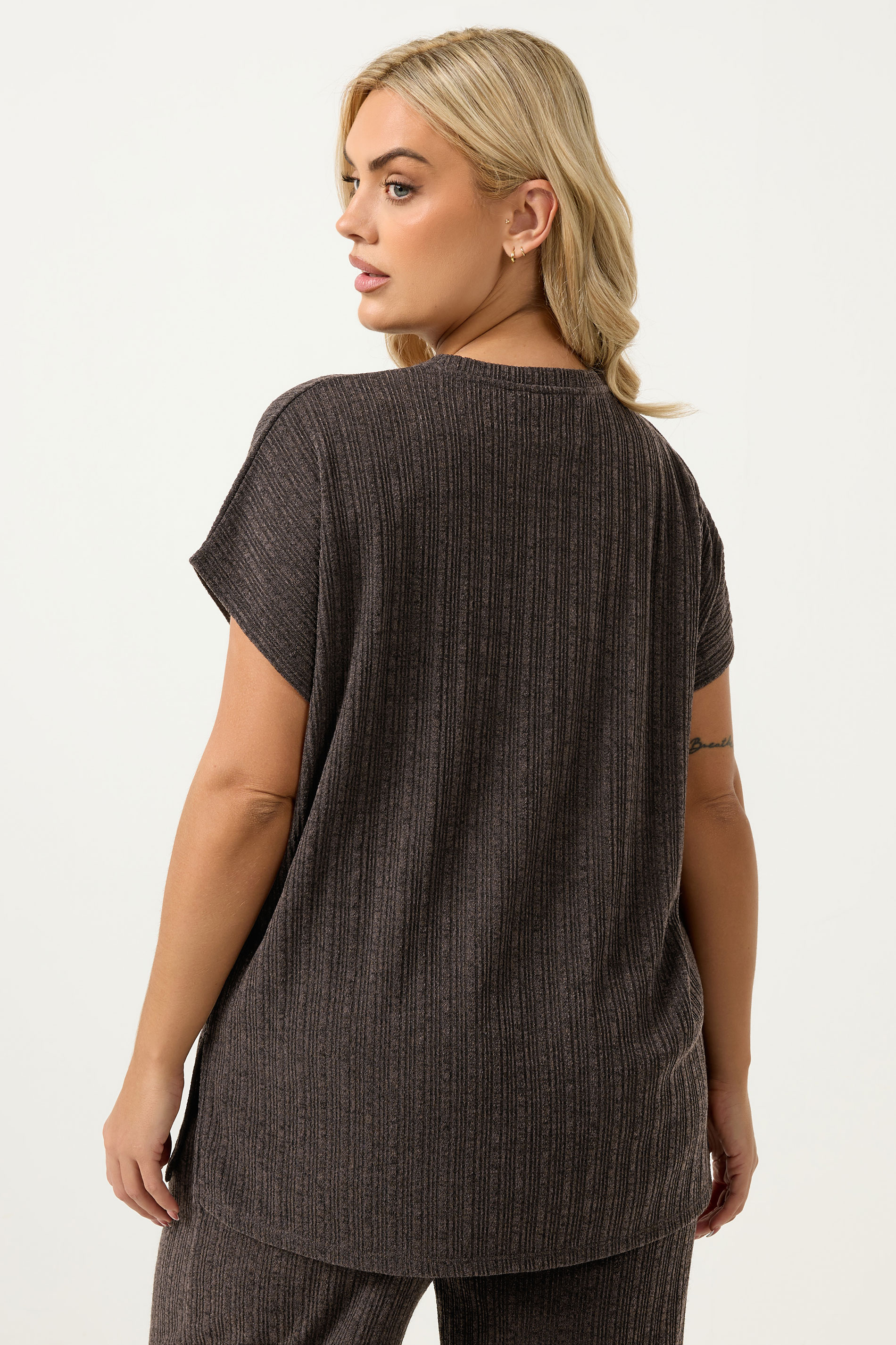 YOURS Plus Size Chocolate Brown Knitted T-Shirt | Yours Clothing 2