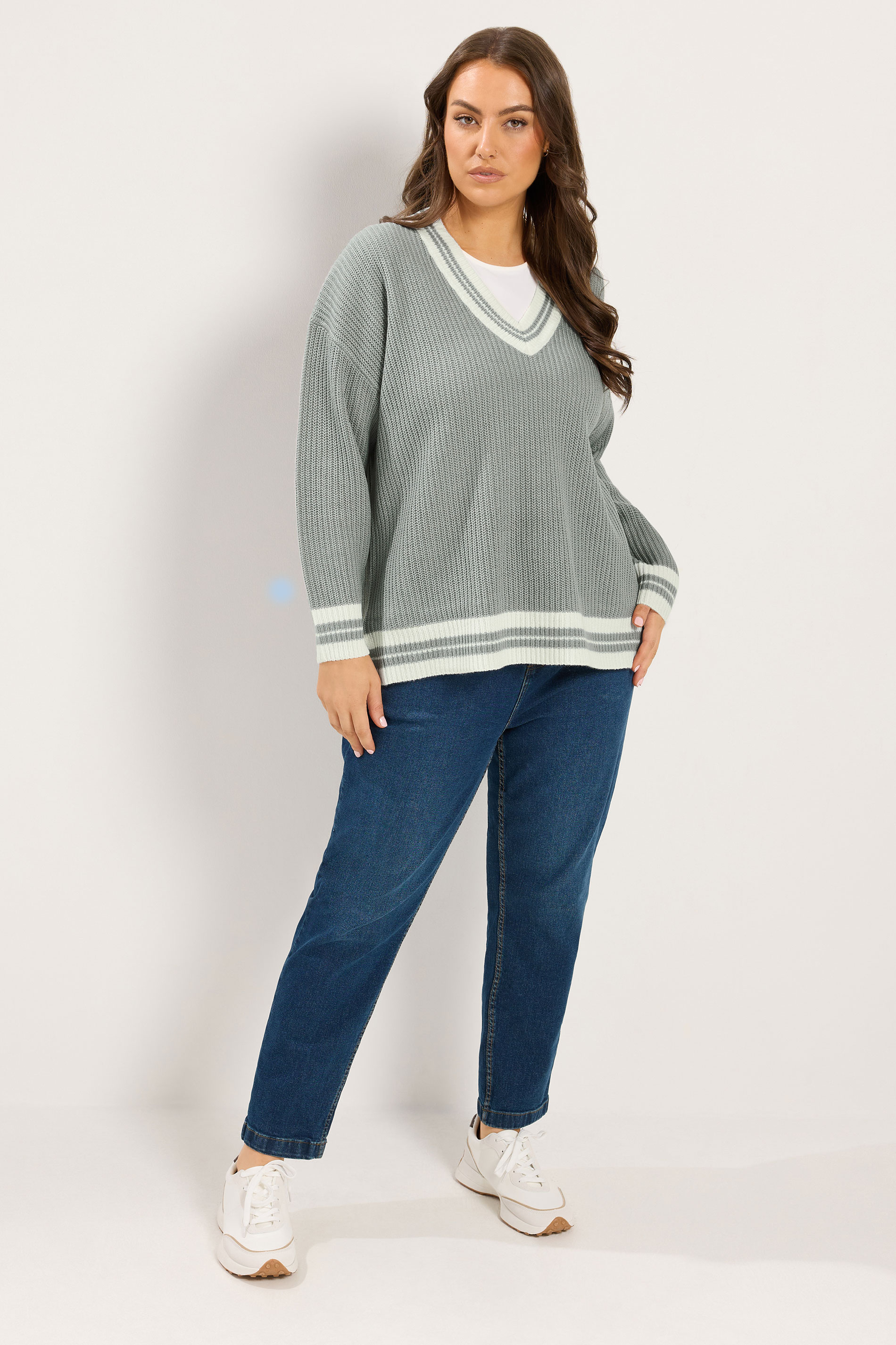 YOURS Plus Size Grey & White Knitted Tennis Jumper | Yours Clothing 2