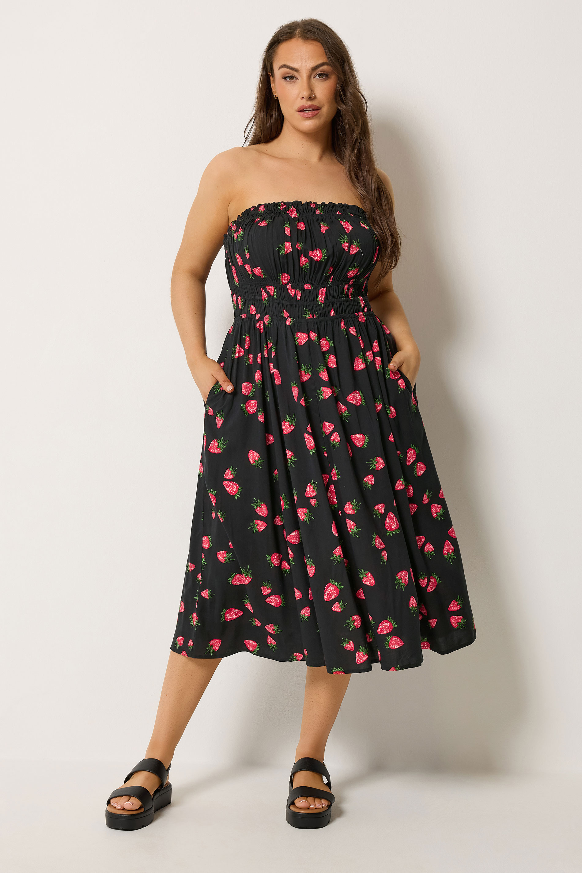 YOURS Plus Size Black Strawberry Print Midi Dress | Yours Clothing 2