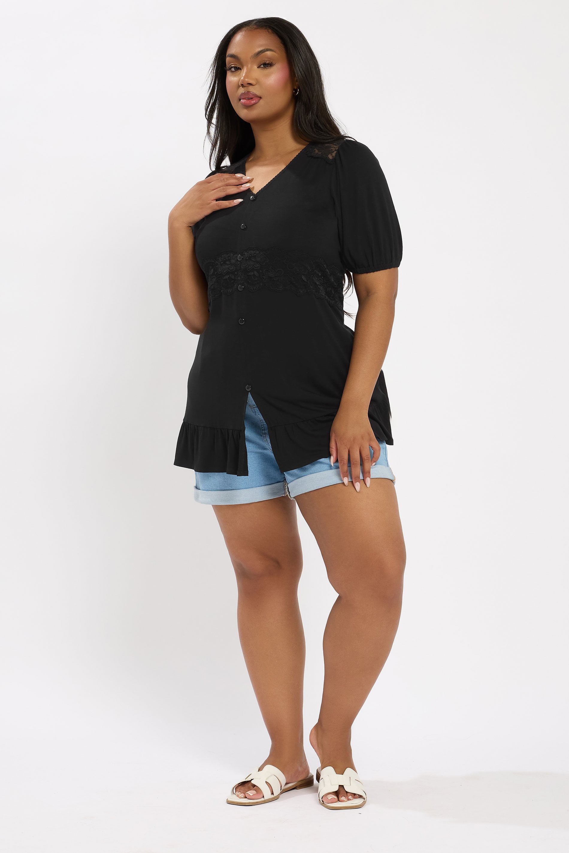 YOURS Plus Size Black Jersey Lace Frill Smock Top | Yours Clothing 1