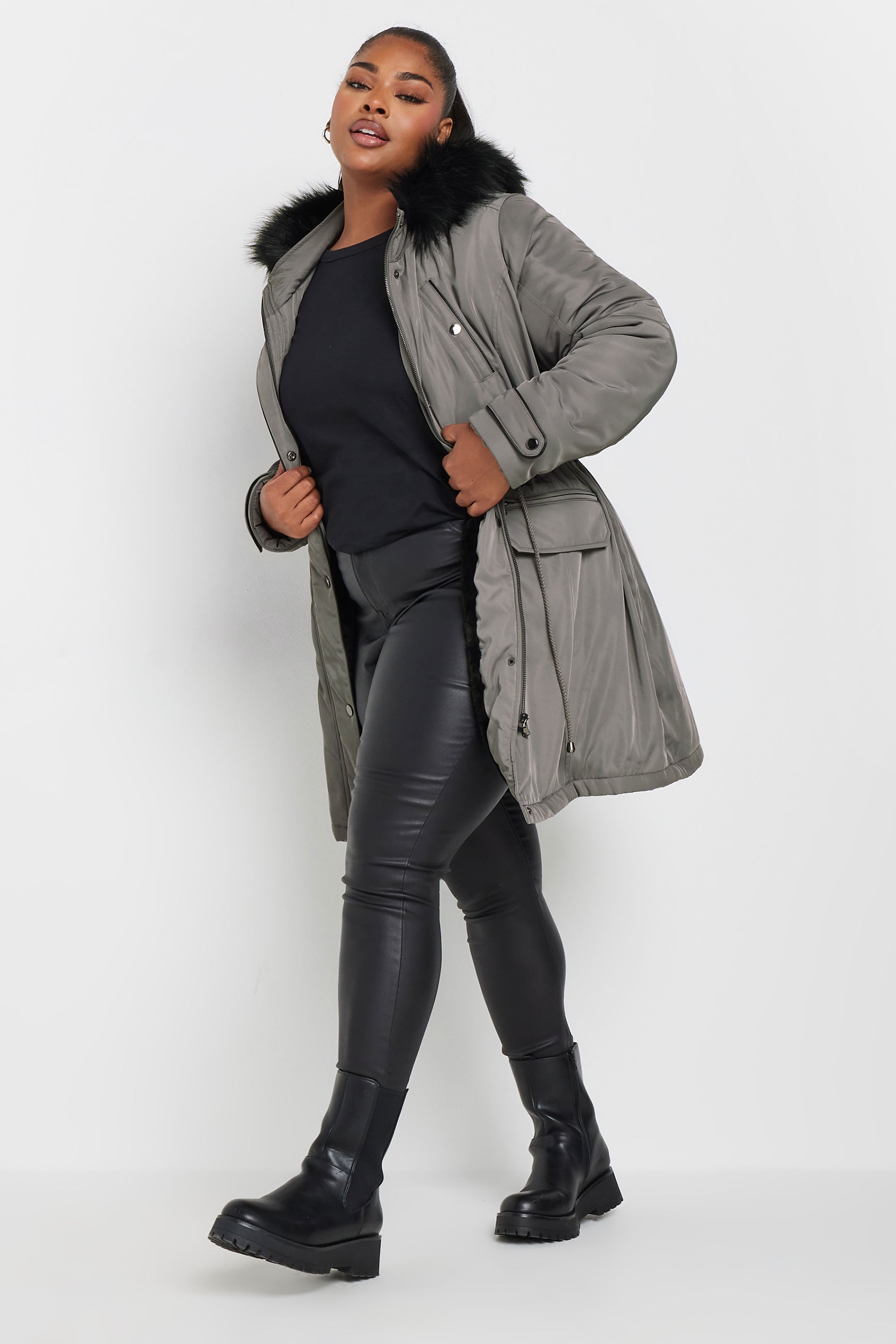 YOURS Plus Size Charcoal Grey Faux Fur Trim Plush Parka Jacket | Yours Clothing 1