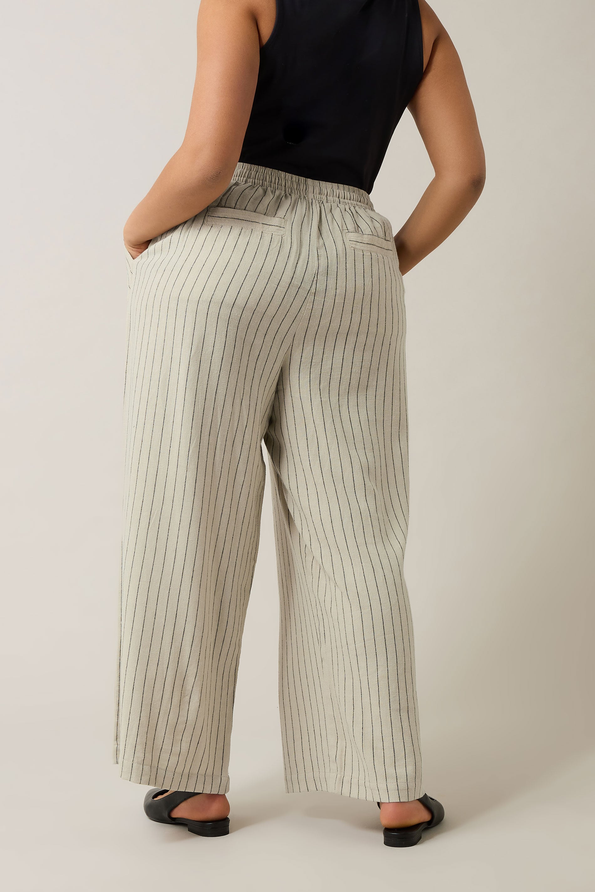 EVANS Plus Size Natural Brown Stripe Print Premium Linen Trousers | Evans 4
