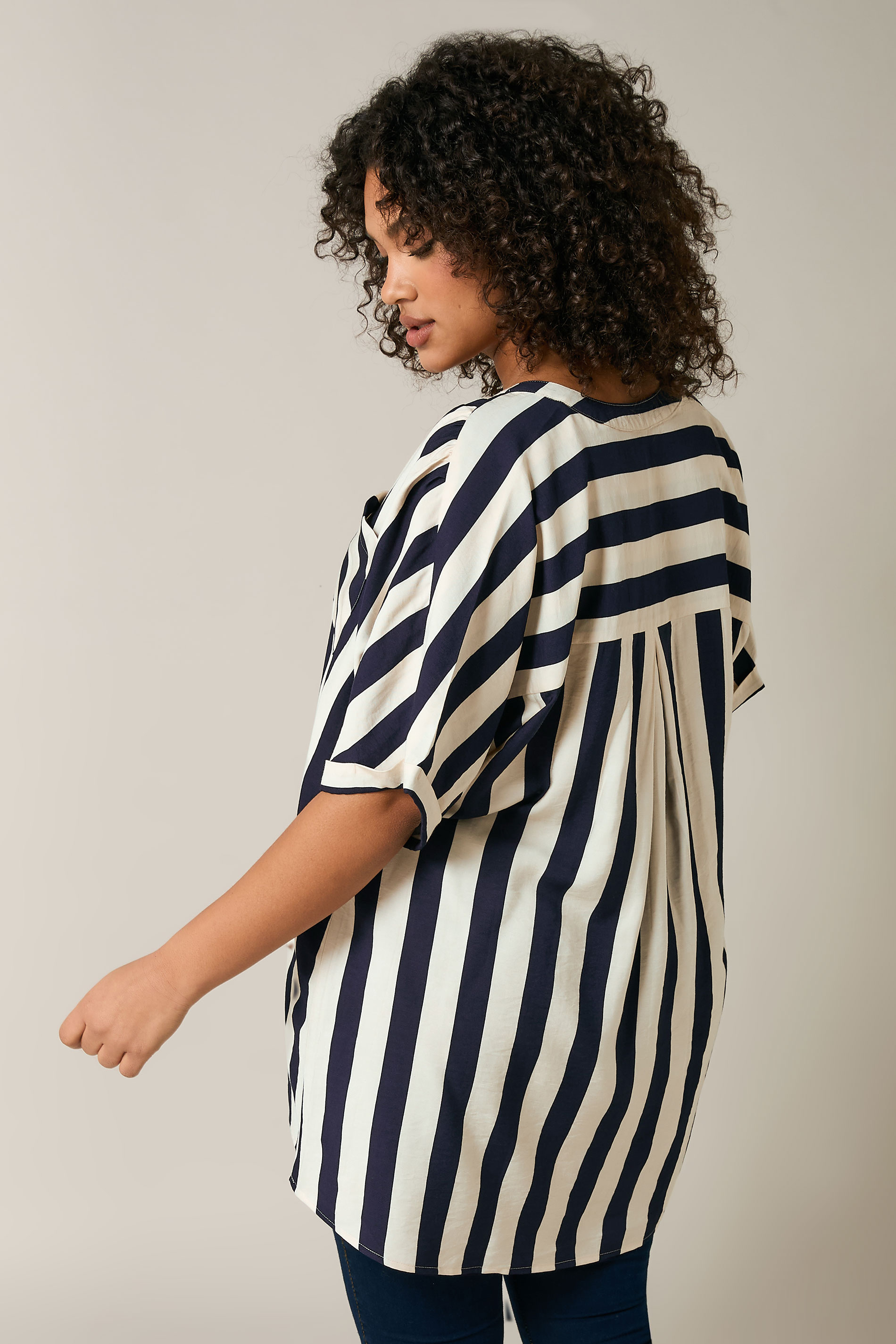 EVANS Plus Size Navy Blue Stripe Overhead Utility Shirt | Evans 4