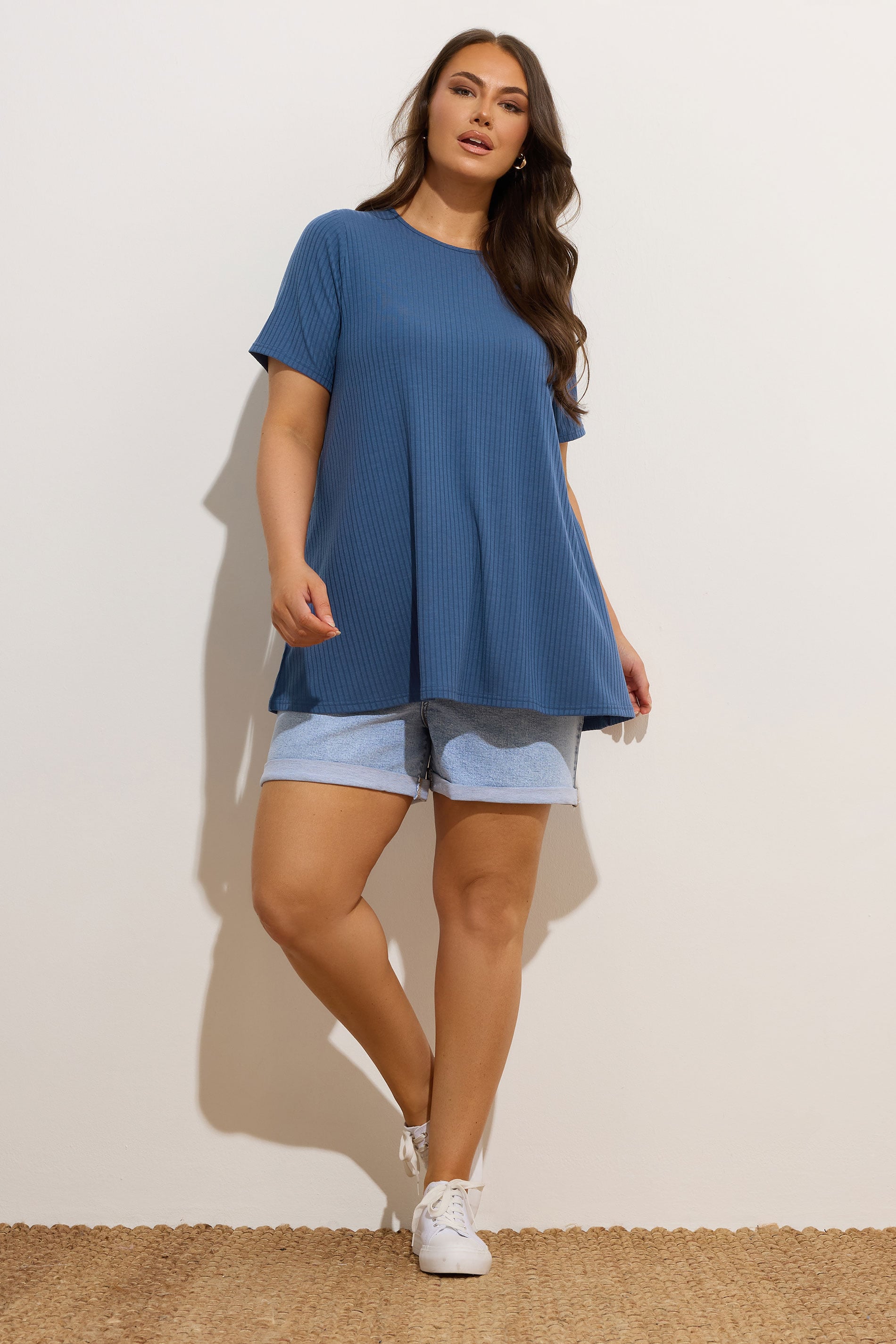 YOURS Plus Size Blue Ribbed Swing Top | Yours Clothing 1