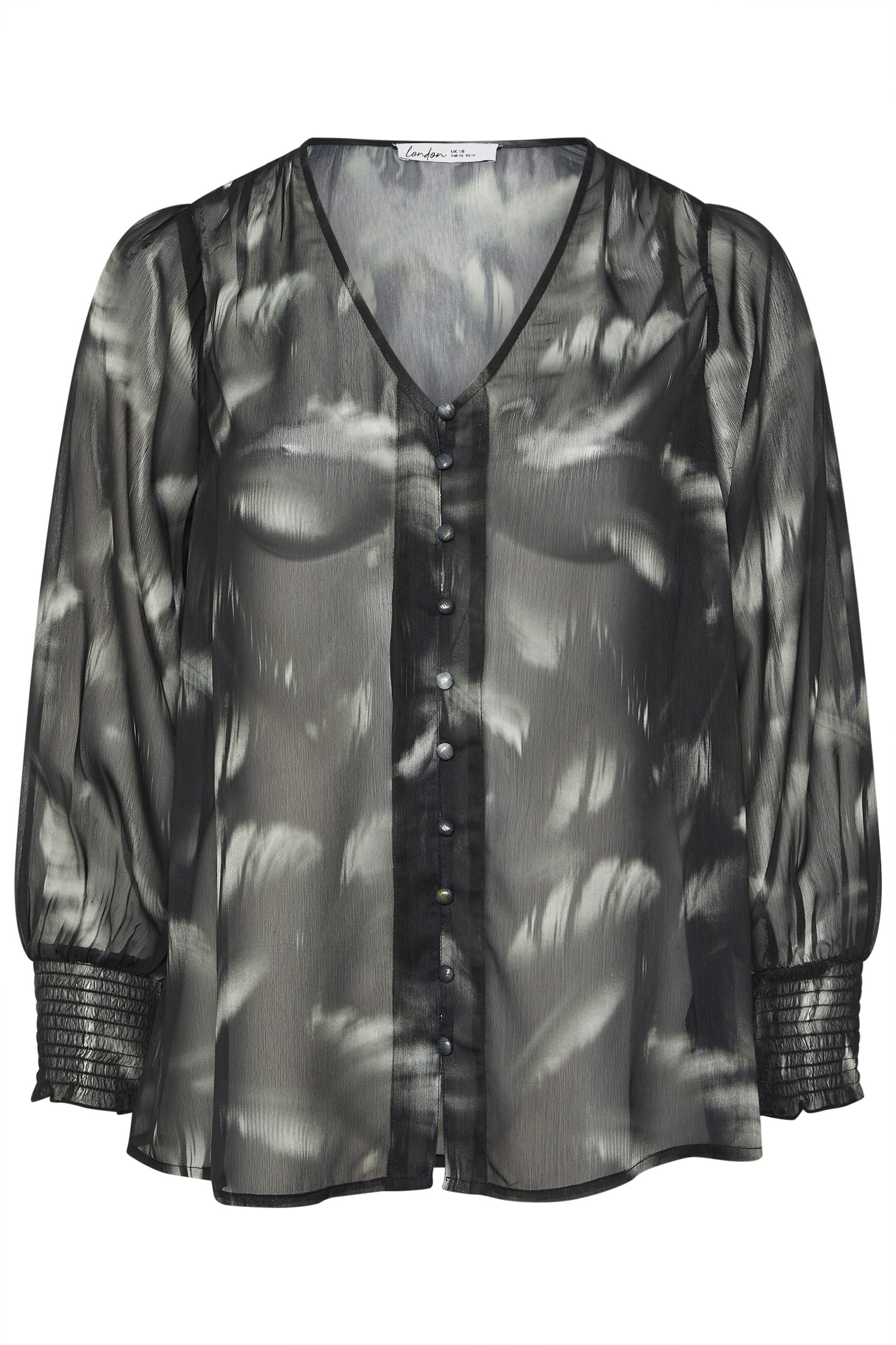 YOURS LONDON Curve Black Blurred Feather Shirred Cuff Blouse | Yours Clothing 5