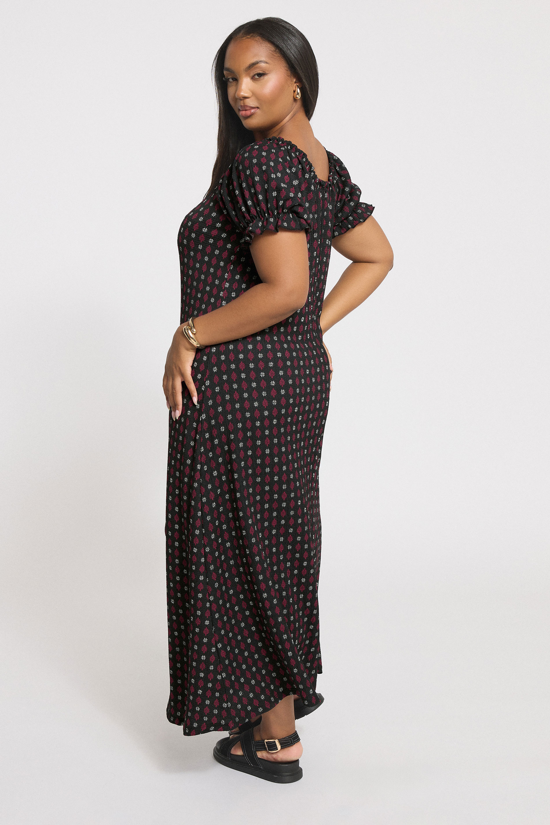 YOURS Plus Size Black Ditsy Textured Milkmaid Dress | Yours Clothing 2