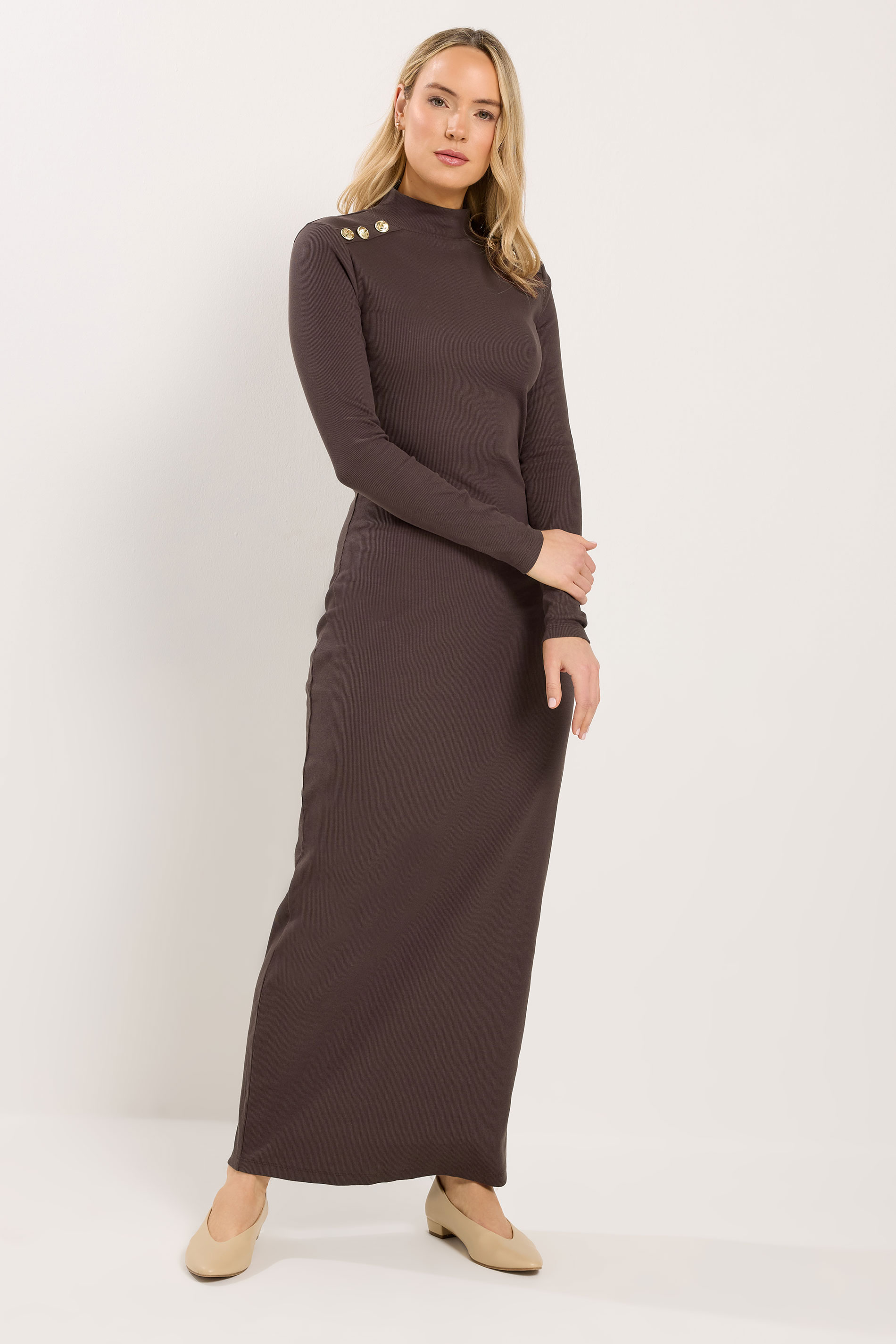 LTS Tall Women's Brown Ribbed Shoulder Button Maxi Dress | Long Tall Sally 3