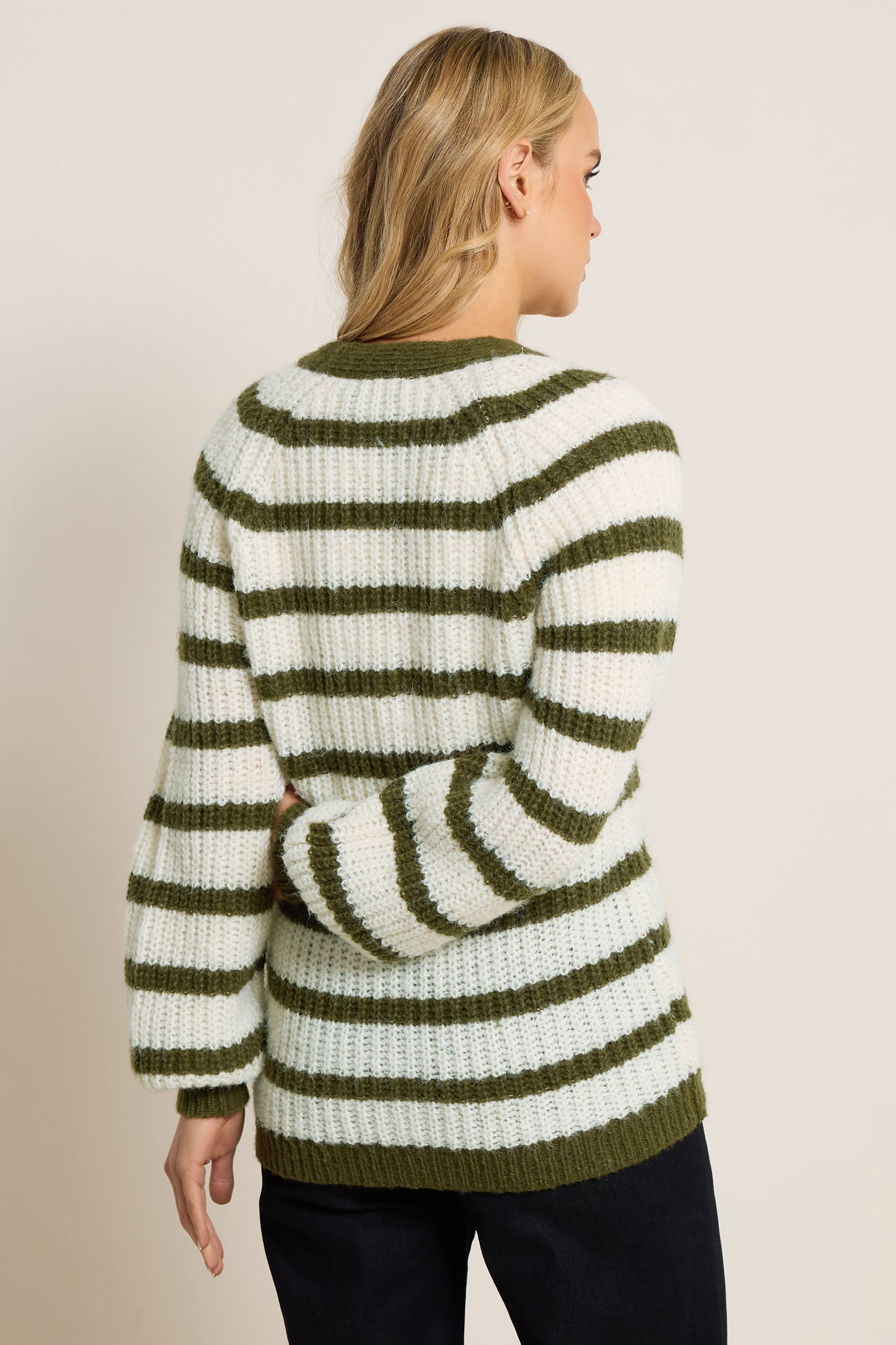 LTS Tall Green Knitted Stripe Button Cardigan | Long Tall Sally 2