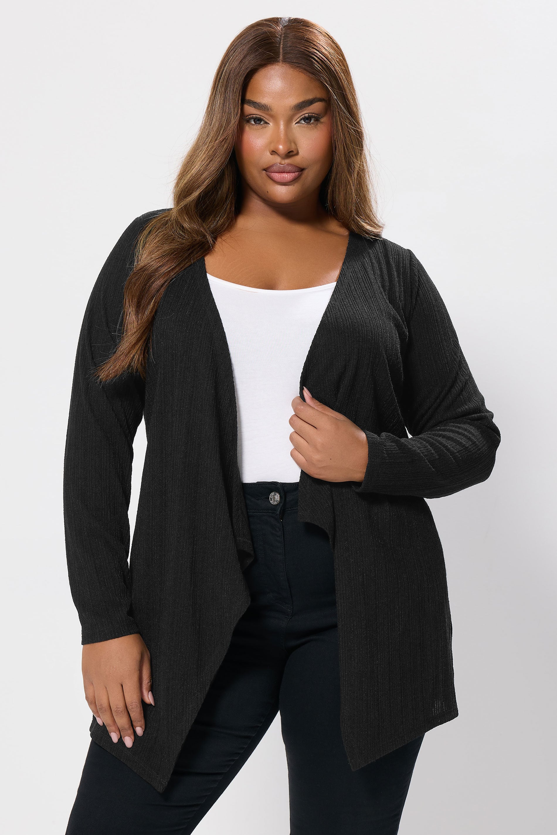 YOURS Plus Size Black Ribbed Waterfall Cardigan | Yours Clothing 3