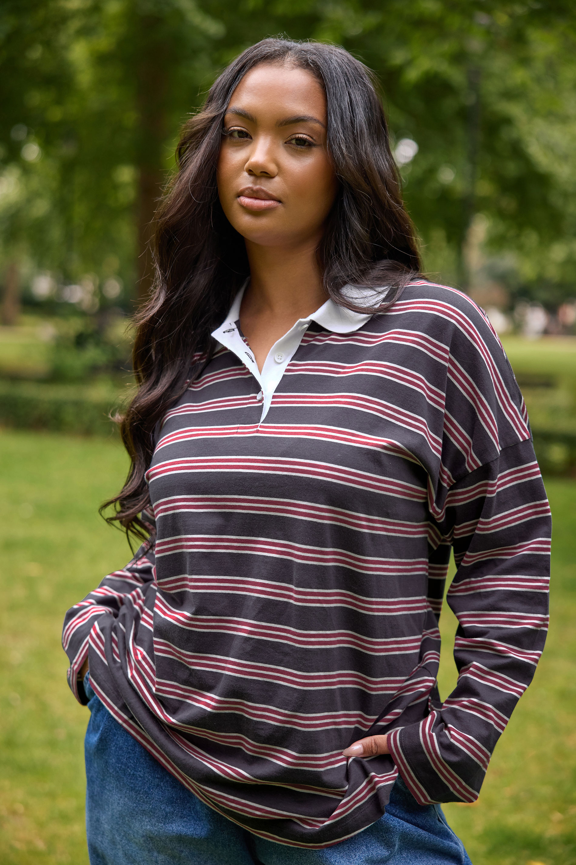 YOURS Plus Size Grey & Red Stripe Rugby Collar Top | Yours Clothing 1