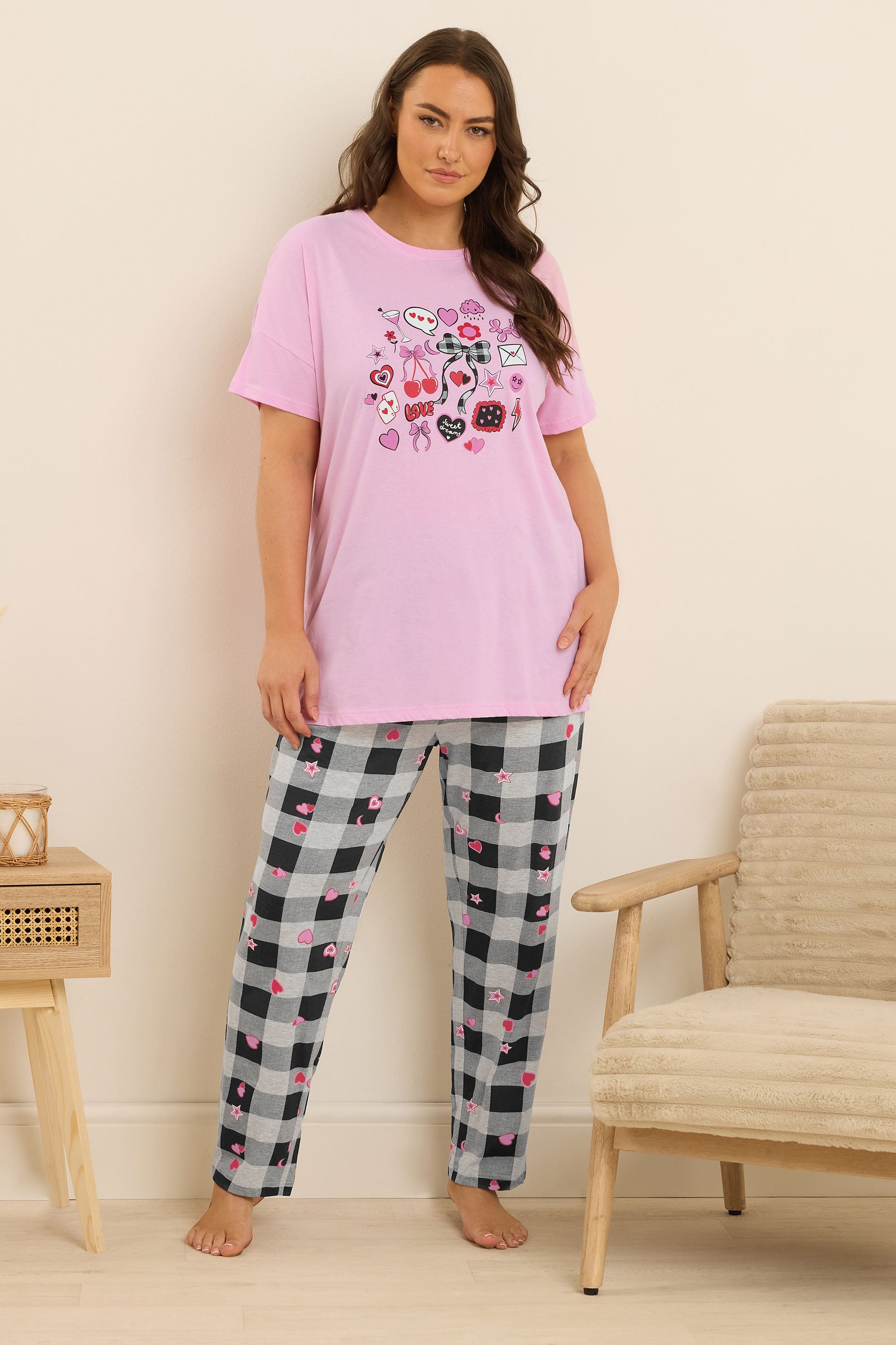YOURS Plus Size Pink Gingham Bow Wide Leg Pyjama Set | Yours Clothing 1