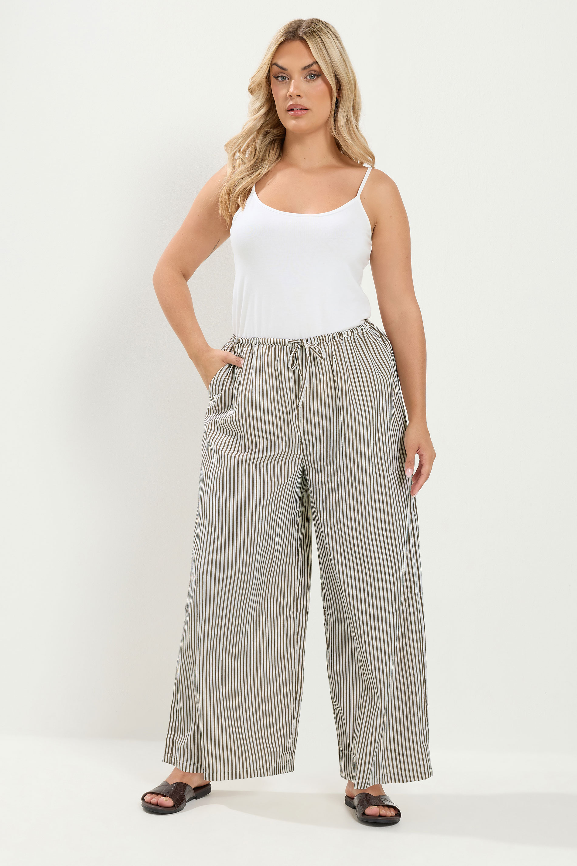 YOURS Plus Size Brown & White Striped Wide Leg Trousers | Yours Clothing 1