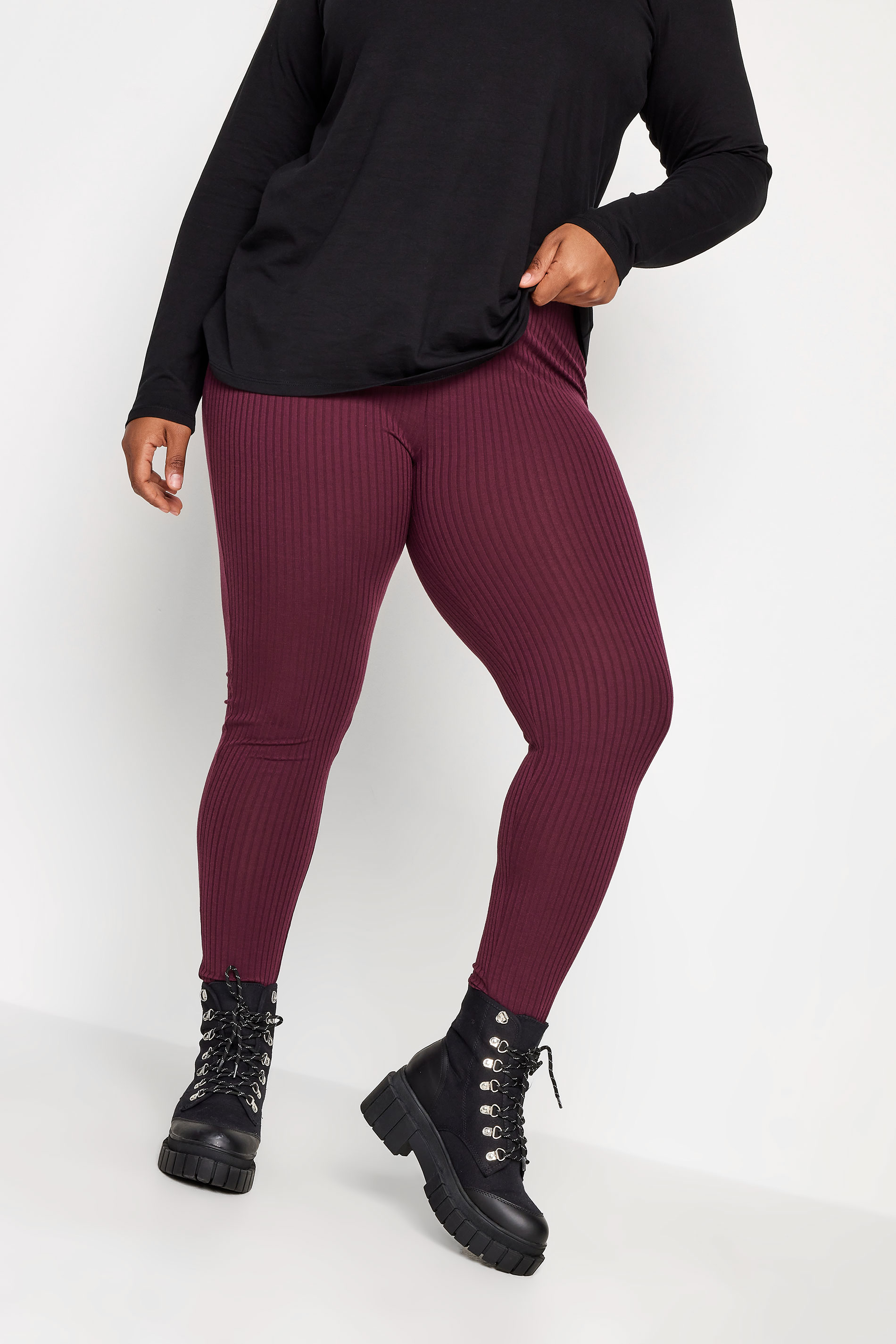 YOURS Plus Size Burgundy Red Ribbed Leggings | Yours Clothing 1