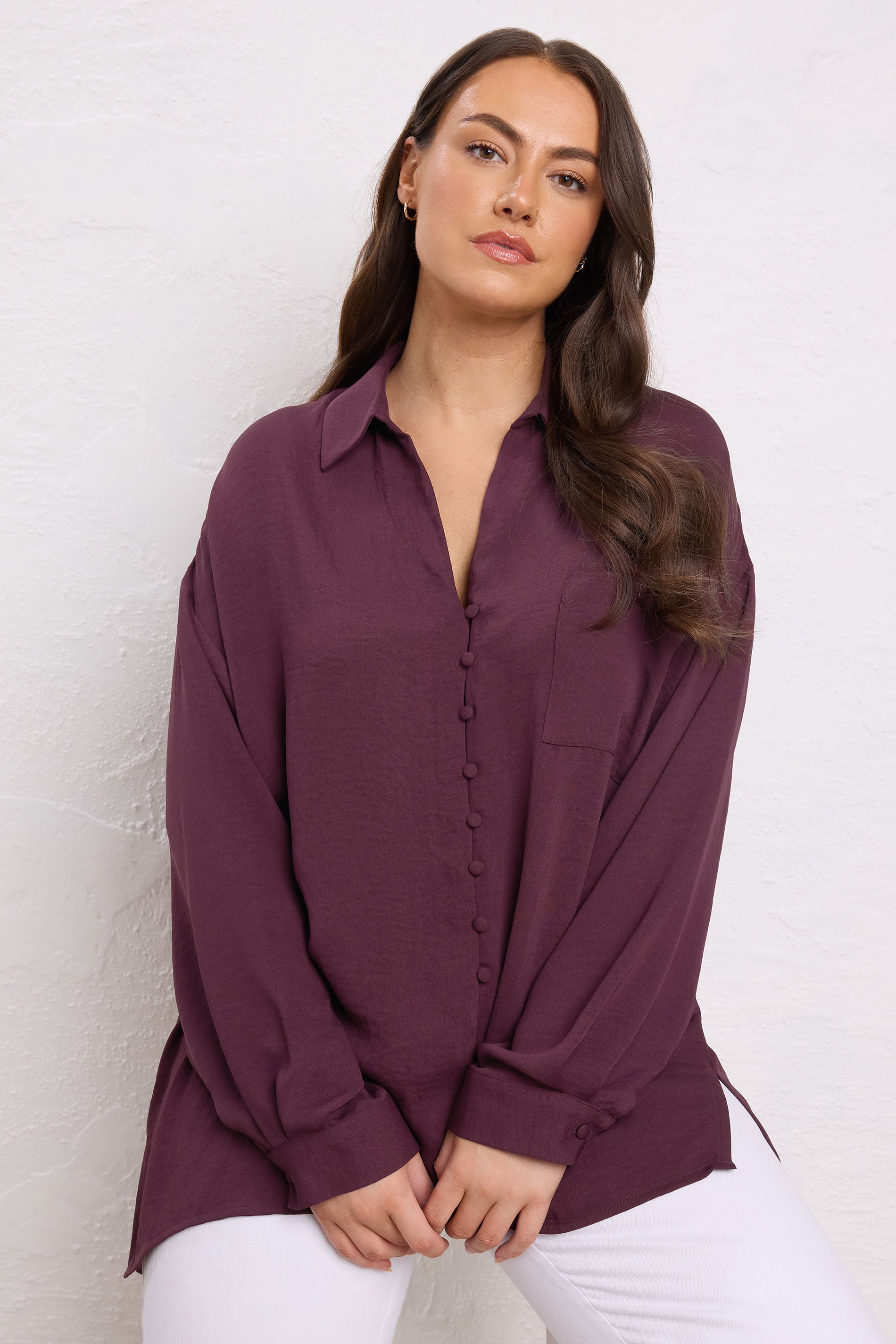 EVANS Plus Size Burgundy Red Dipped Hem Oversized Shirt | Evans 3
